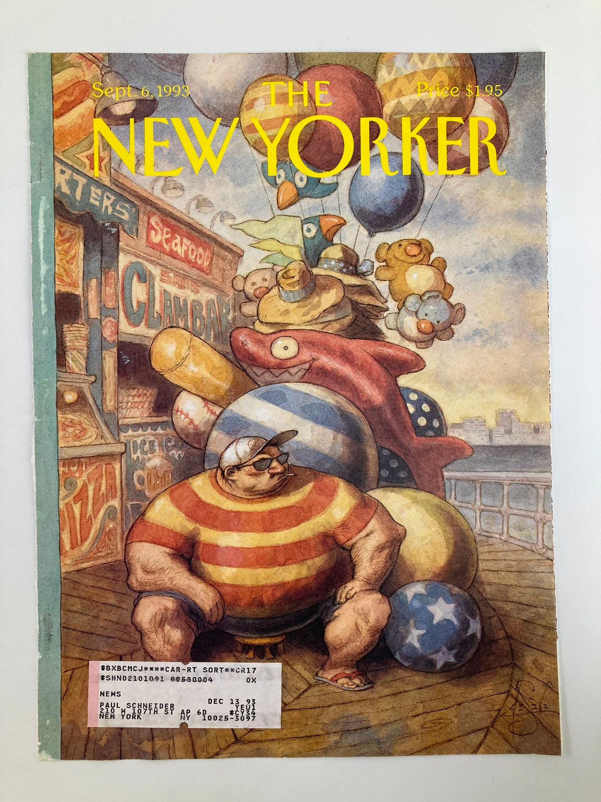 Cover of The New Yorker, September 6, 1993, illustrated by Peter de Seve, showcasing a vibrant seaside scene with balloons and a jovial figure in sunglasses and a striped shirt.