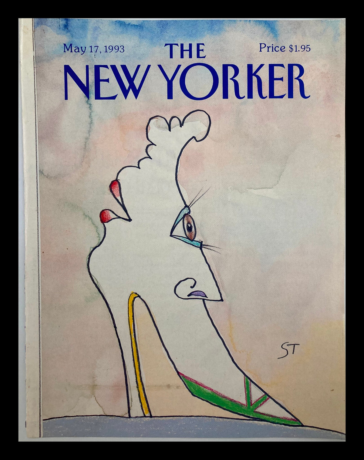 Collectible cover of The New Yorker dated May 17, 1993, featuring the artwork 'The Shoe' by Saul Steinberg, showcasing a stylized high-heeled shoe and whimsical illustration.