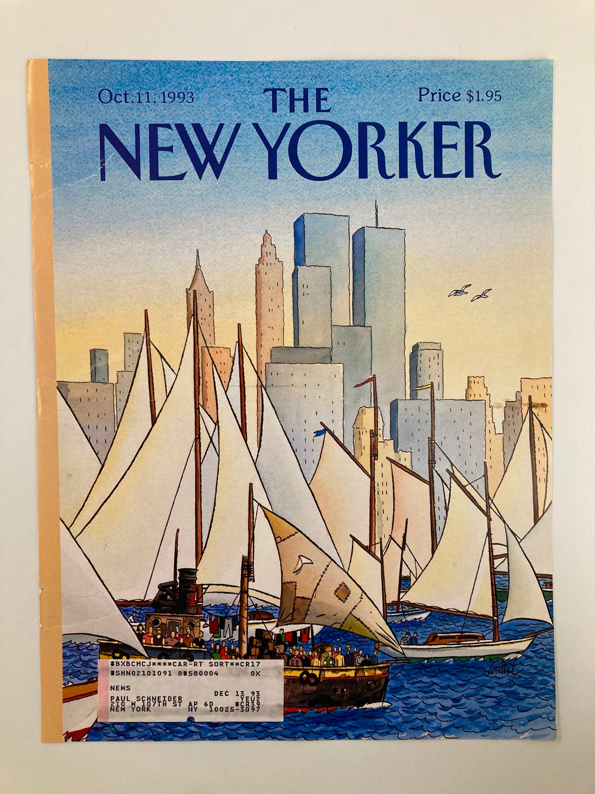 COVER ONLY The New Yorker October 11 1993 Back in the New World by J. de Loustal featuring sailboats and a skyline, showcasing vibrant colors and artistic design.