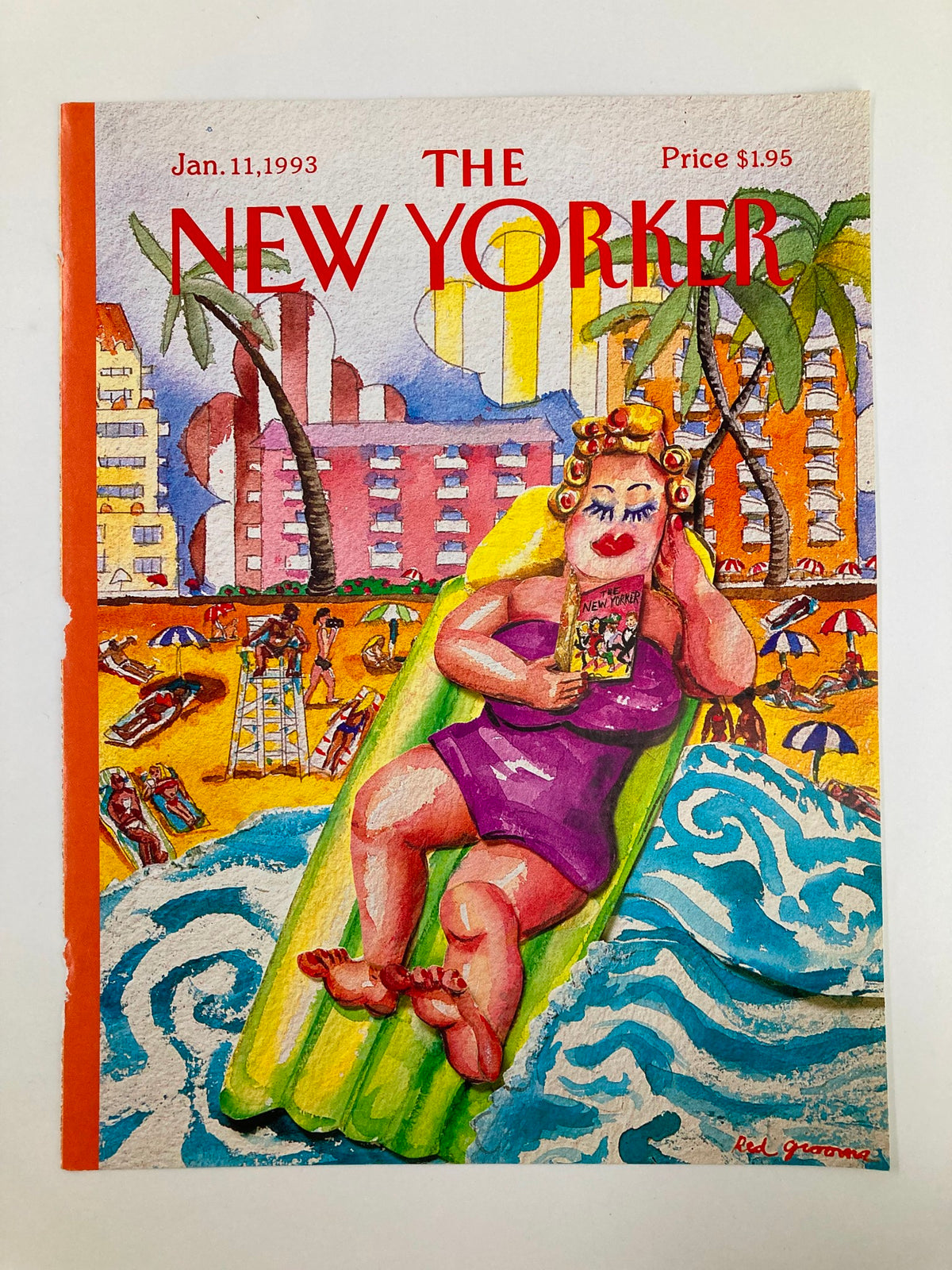 Cover of The New Yorker magazine from January 11, 1993, showcasing the artwork 'Tidal Waves' by Red Grooms. The image depicts a colorful beach atmosphere, with a woman relaxing on a float, set against a backdrop of palm trees and sunbathers.