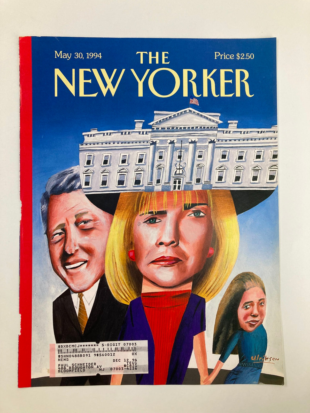 Cover of The New Yorker dated May 30, 1994, depicting The Clintons by Mark Ulriksen. This illustration features Bill, Hillary, and Chelsea Clinton in a vibrant, caricature art style, with the White House in the background, highlighting a significant political era in American history.
