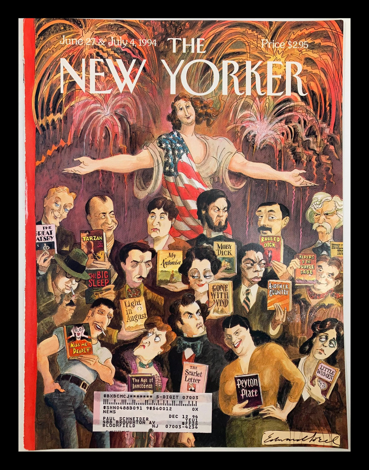Cover art of The New Yorker from June 27, 1994, titled 'American Writers' by Edward Sorel, featuring illustrations of iconic American literary figures and books.
