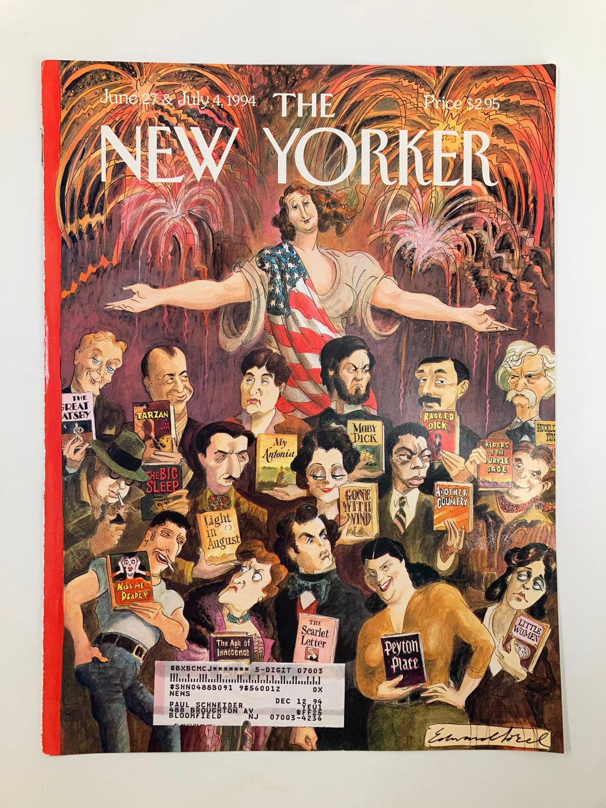Cover of The New Yorker dated June 27, 1994, titled 'American Writers' illustrated by Edward Sorel, showcasing prominent American authors and their notable works.