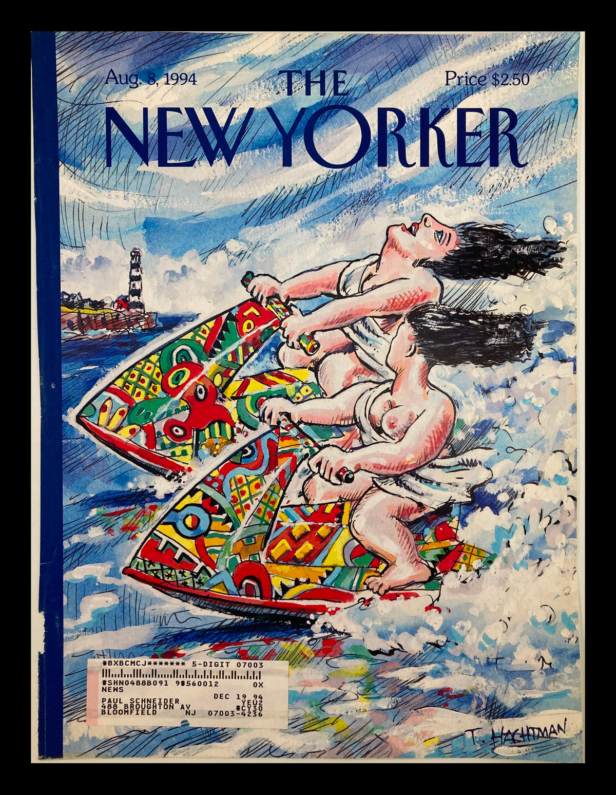 COVER ONLY The New Yorker August 8 1994 Picasso on the Beach by Tom Hachtman, featuring two figures on colorful jet skis surrounded by ocean waves, illustrating a playful beach scene.
