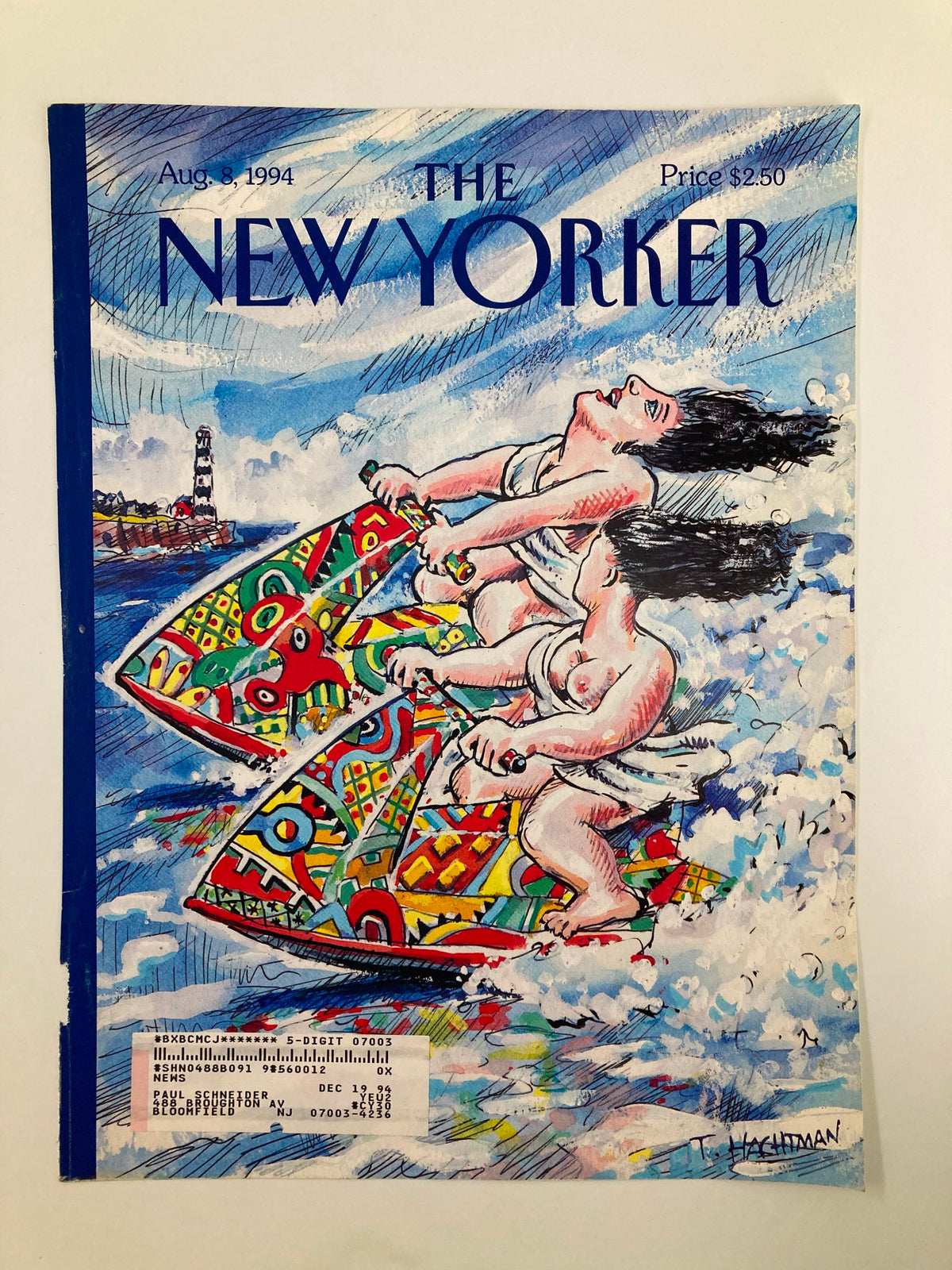 COVER ONLY The New Yorker August 8 1994 Picasso on the Beach by Tom Hachtman, showcasing vibrant artwork with figures riding jet skis amidst a dynamic seascape.