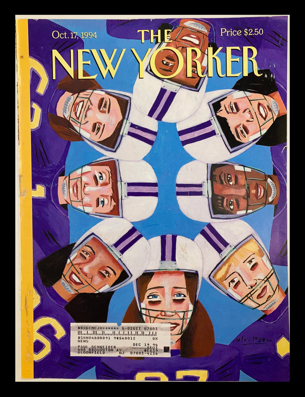 Cover of The New Yorker October 17, 1994, titled 'Huddle' by Mark Ulriksen, featuring colorful illustrations of football players' faces in helmets, evoking team spirit and camaraderie.