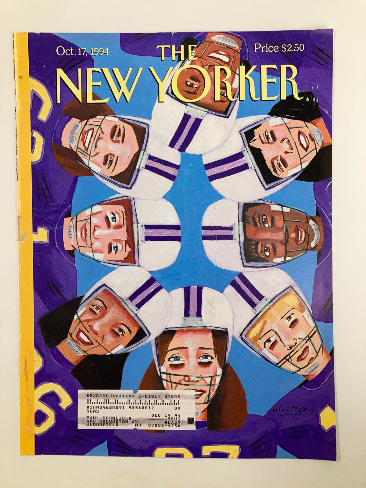 The New Yorker cover from October 17, 1994, titled 'Huddle' by Mark Ulriksen, depicting football players in helmets with vibrant expressions, capturing the essence of teamwork.