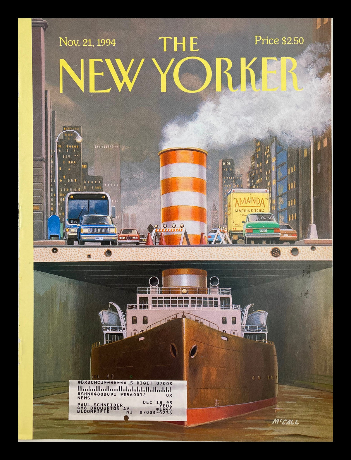 Cover of The New Yorker November 21, 1994 titled 'Steamers' by Bruce McCall, featuring a whimsical illustration of a ship with smokestacks against a city backdrop.