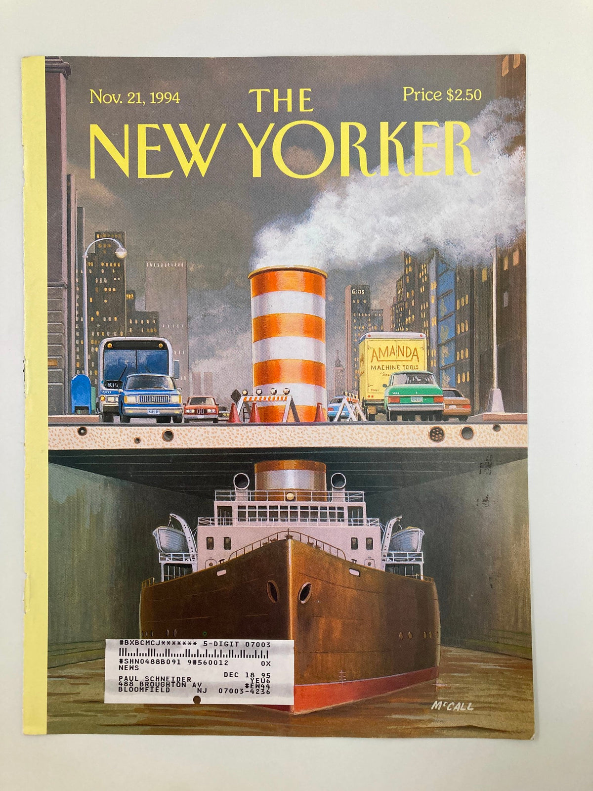 Cover of The New Yorker dated November 21, 1994, showcasing the artwork 'Steamers' by Bruce McCall, depicting a cityscape with a large steamship under a bridge and city infrastructure.