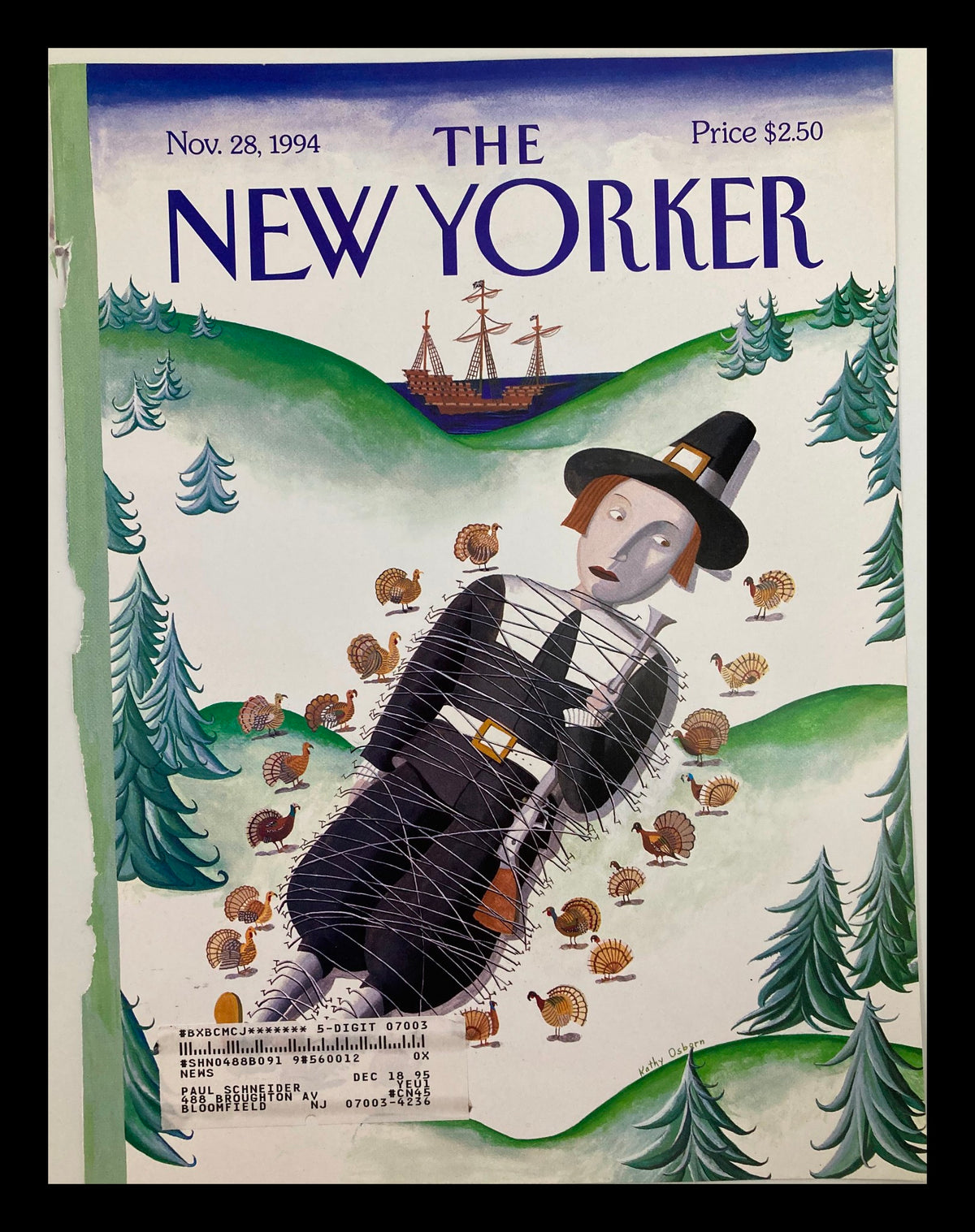 The New Yorker November 28 1994 Thanksgiving Cover by Kathy Osborn featuring a whimsical pilgrim character entangled among turkeys, set against a colorful autumn landscape.