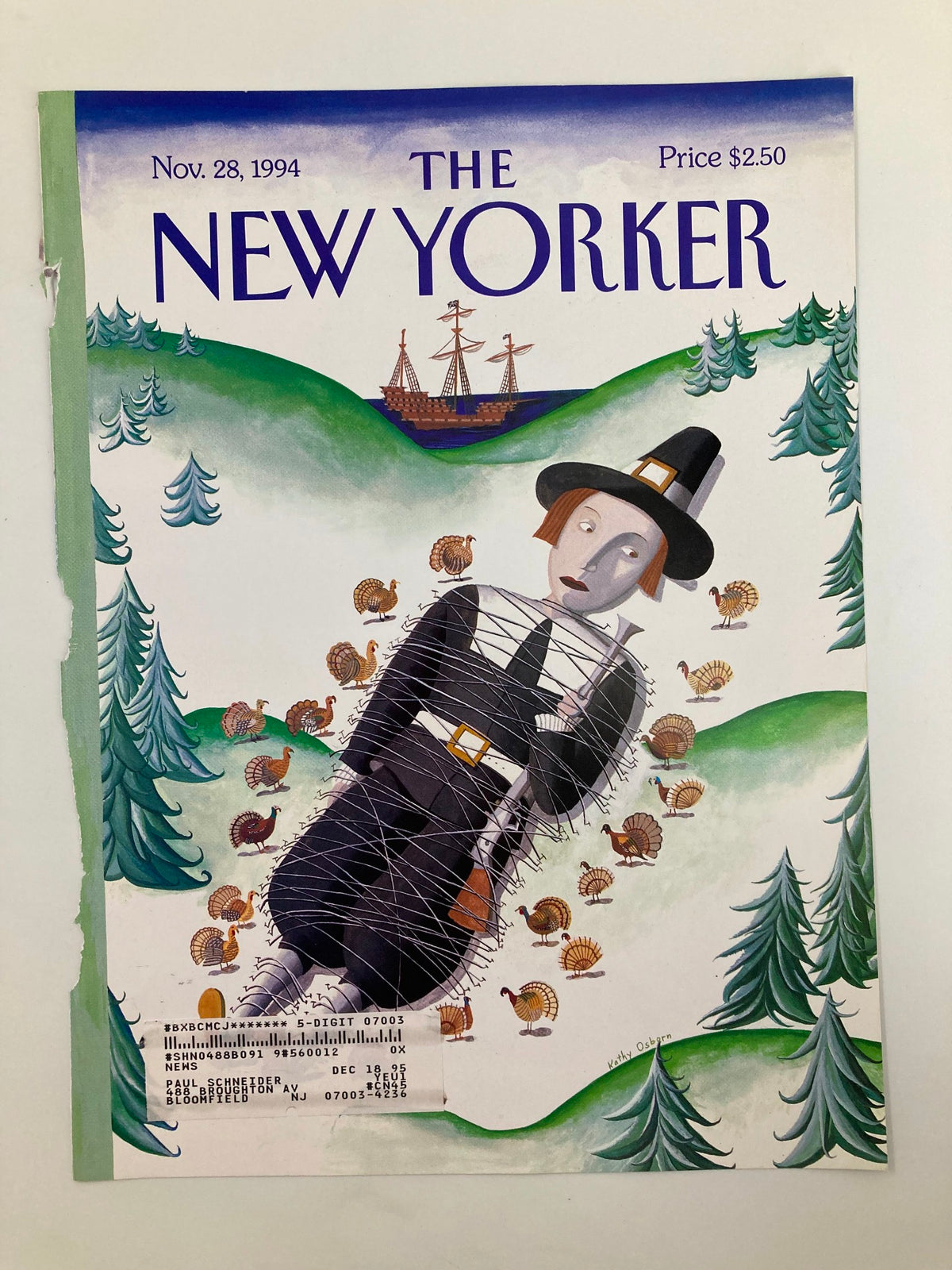 The New Yorker November 28 1994 Thanksgiving Cover by Kathy Osborn depicting a pilgrim figure surrounded by playful turkeys, enhanced by lush green trees and a ship in the background.