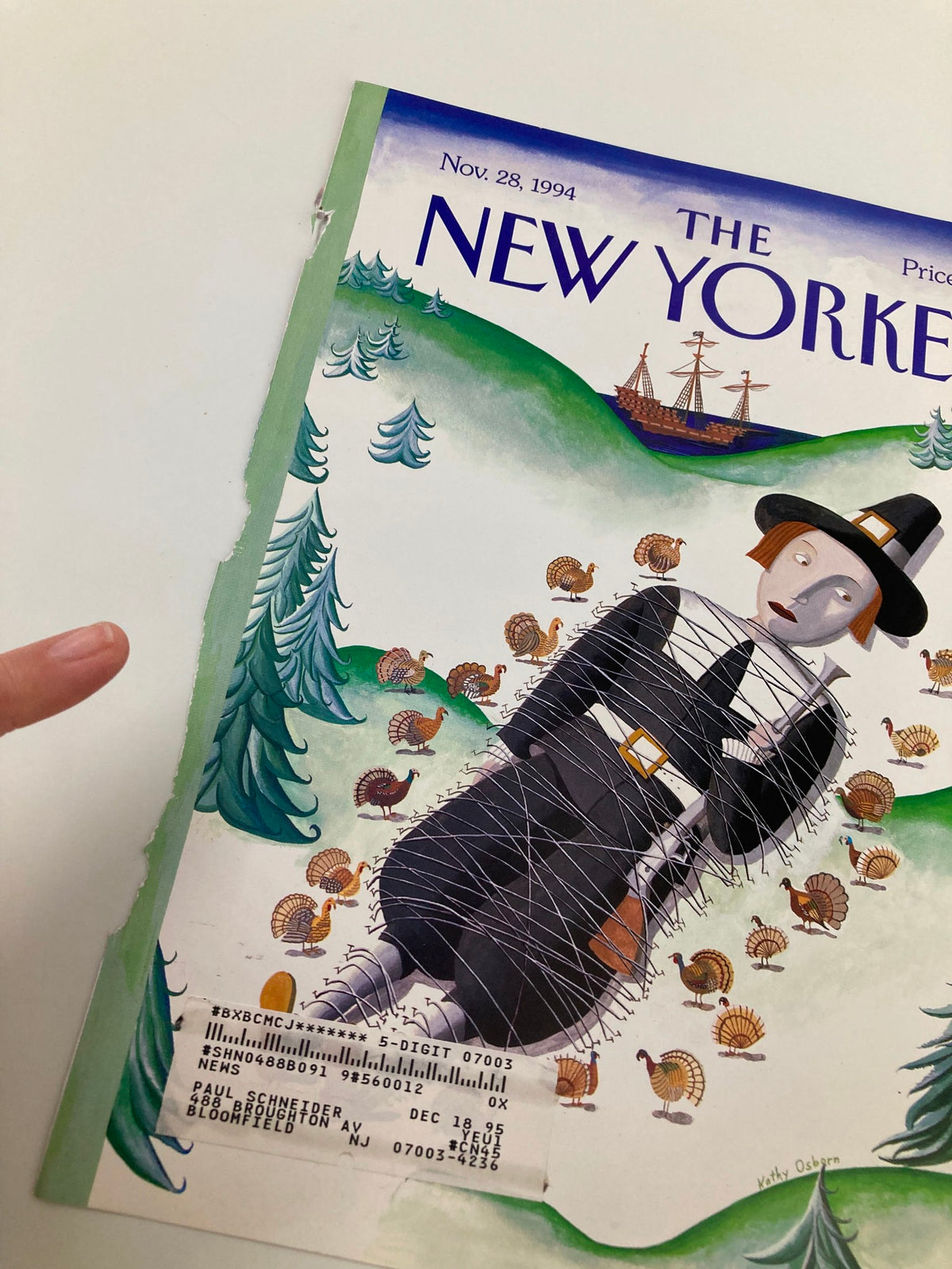 Close-up of The New Yorker November 28 1994 Thanksgiving Cover by Kathy Osborn, showing a detailed view of the pilgrim with turkeys, along with visible subscription label.