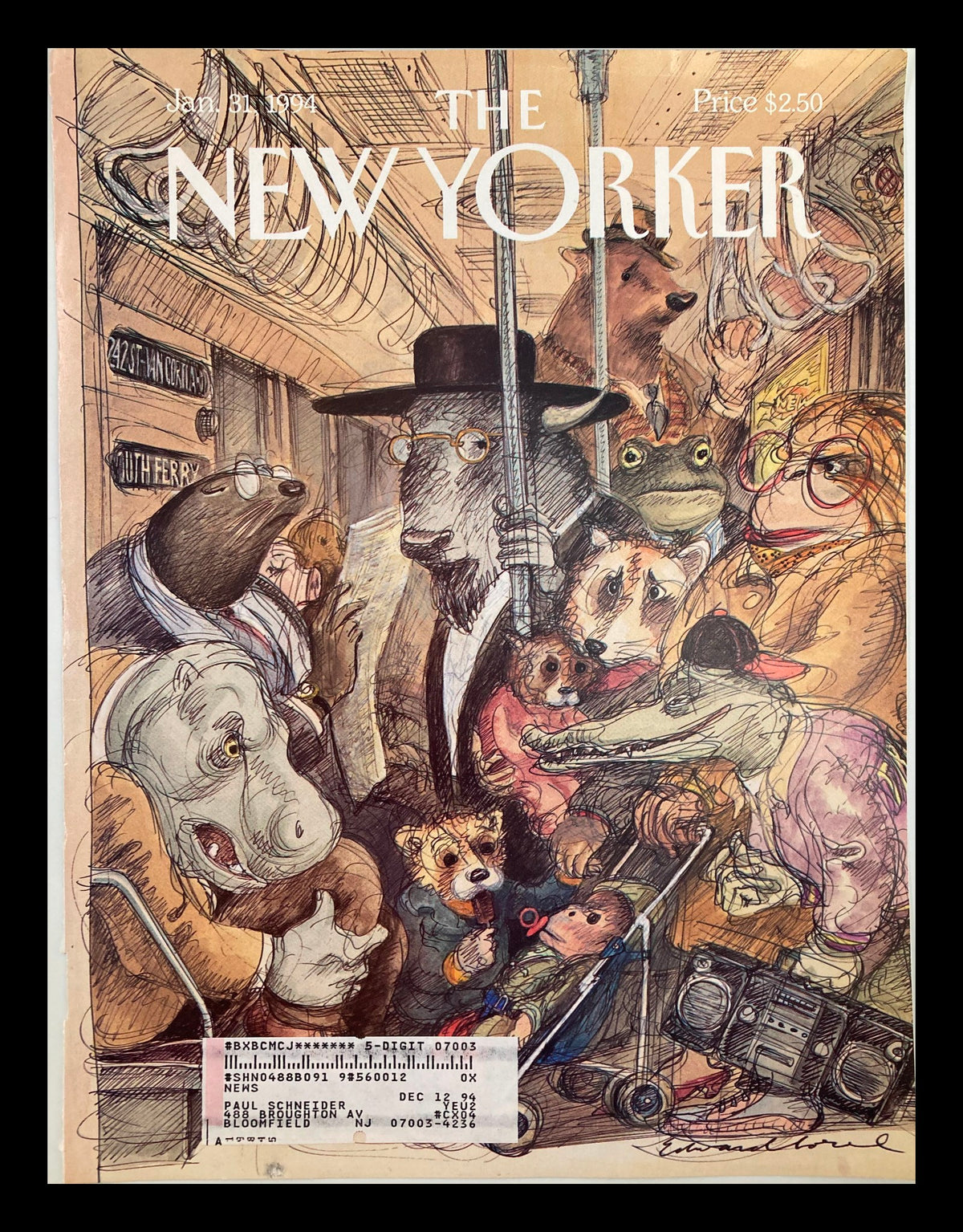 Cover of The New Yorker January 31, 1994 titled 'Crush Hour' by Edward Sorel, featuring anthropomorphic animals in a crowded subway setting.