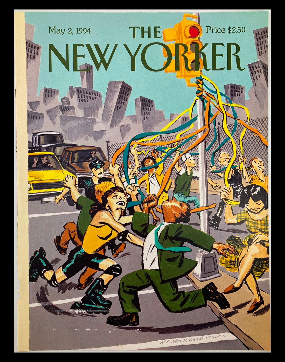 The New Yorker May 2 1994 May Day cover by David Mazzuchelli, illustrating a vibrant street scene with colorful ribbons, showcasing the lively essence of May Day celebrations in an urban setting.
