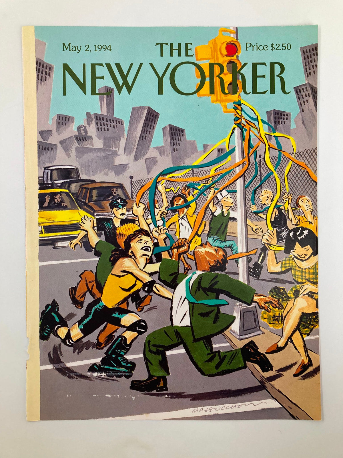The New Yorker May 2 1994 May Day cover by David Mazzuchelli, featuring a dynamic illustration of people participating in a festive street event amidst a backdrop of city buildings.