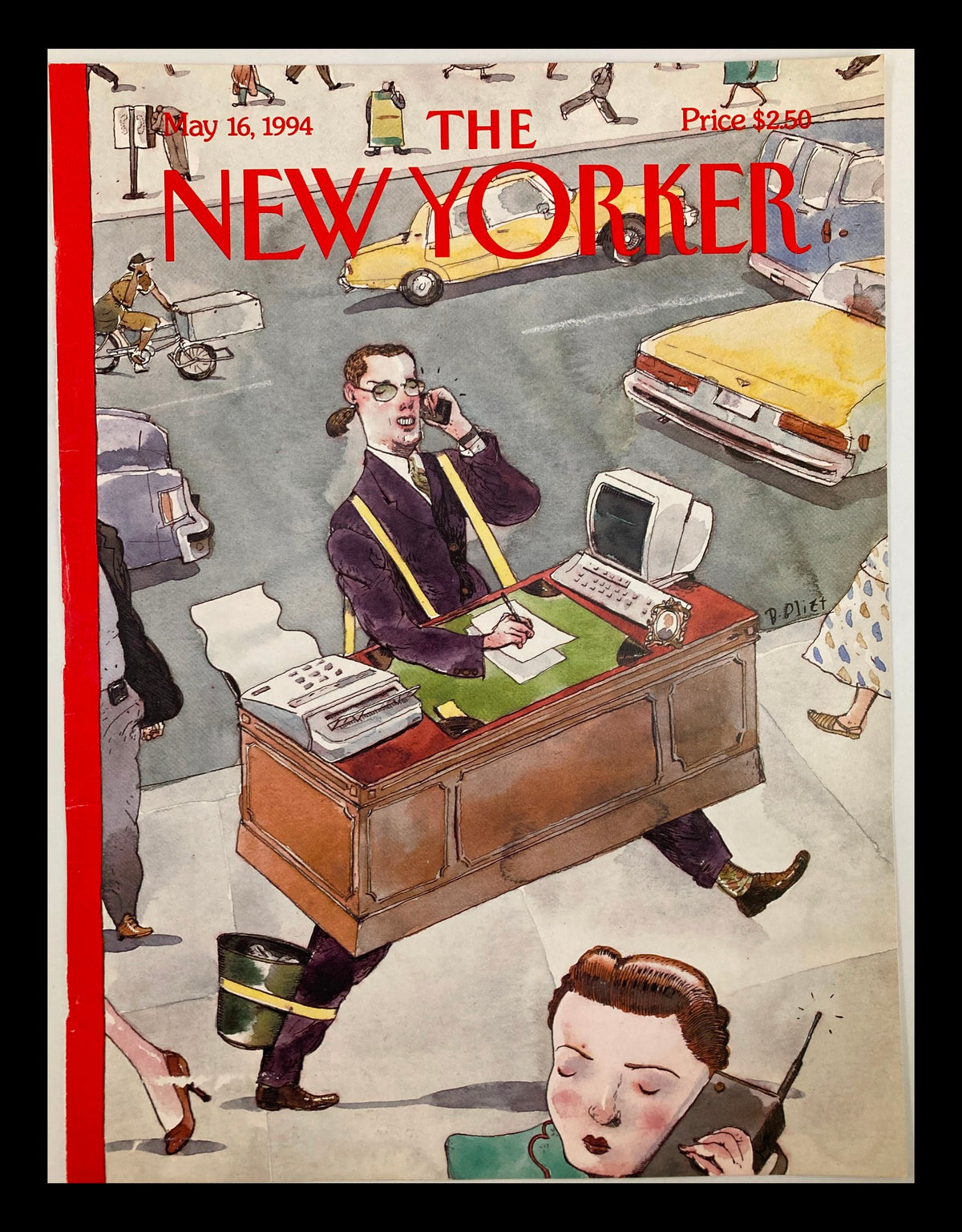 The New Yorker cover from May 16, 1994, titled 'Upwardly Mobile' by Barry Blitt, featuring an illustration of a man in a suit speaking on the phone while walking with a desk, surrounded by city life and pedestrians.