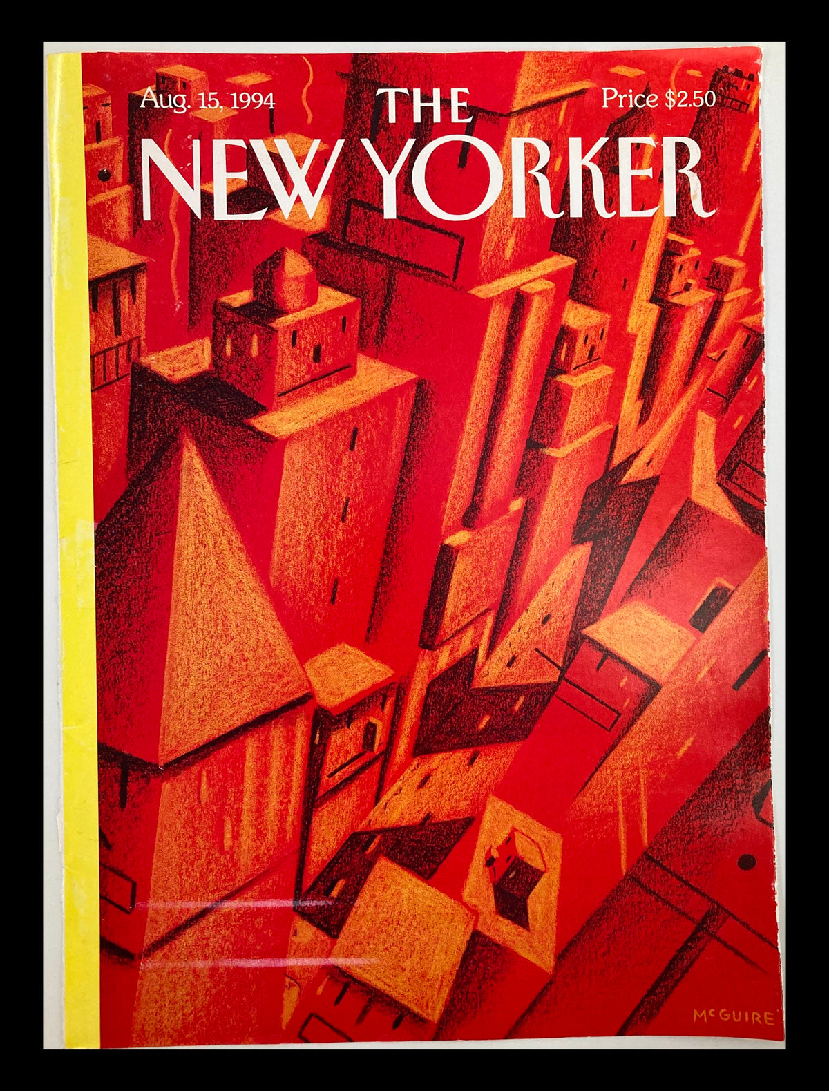 Cover of The New Yorker August 15, 1994 titled 'Hot Town' by Richard McGuire, showcasing a vibrant red cityscape with abstract buildings.