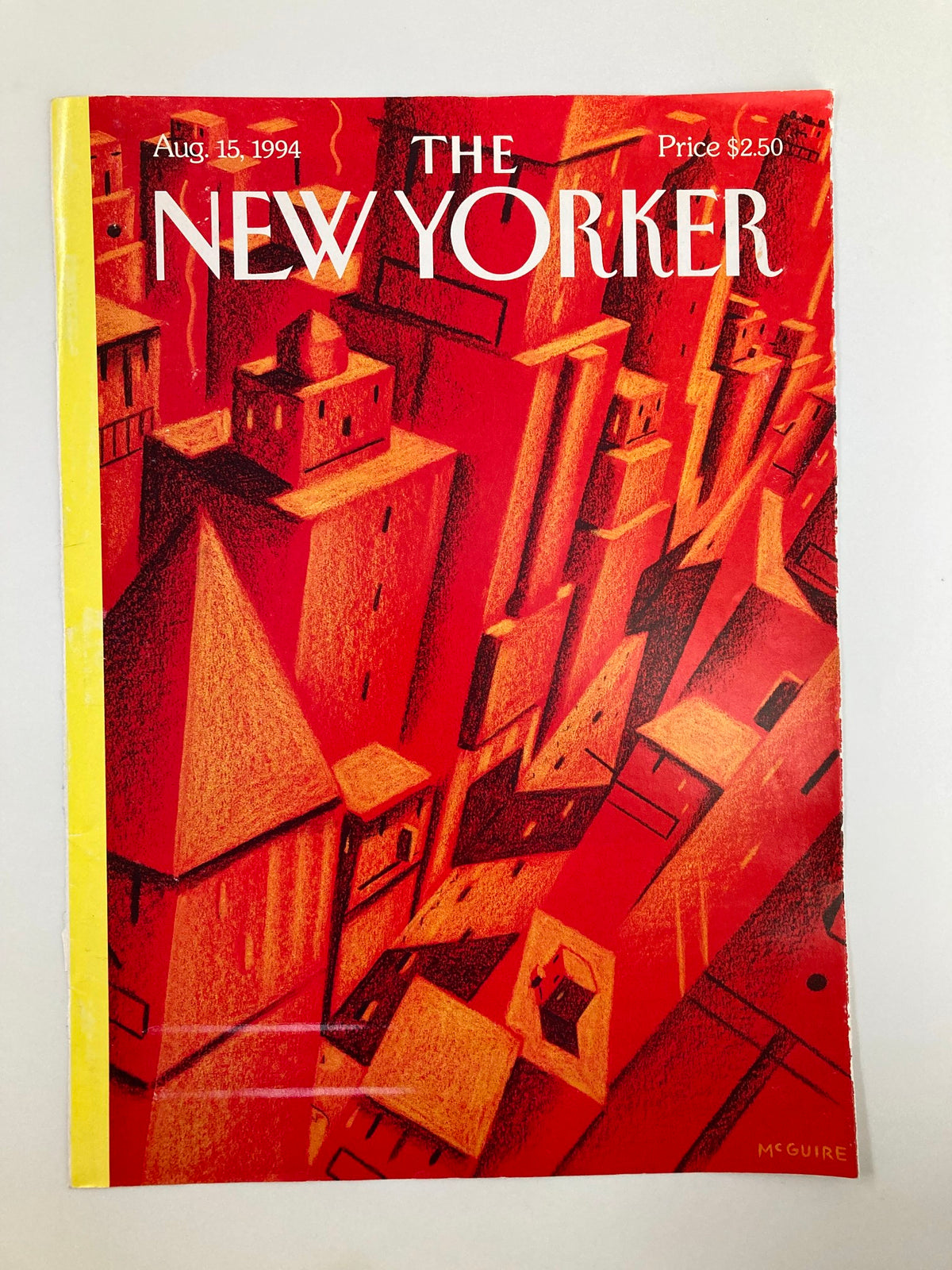 Cover of The New Yorker August 15, 1994 featuring 'Hot Town' by Richard McGuire, illustrating a striking red urban landscape with geometric structures.