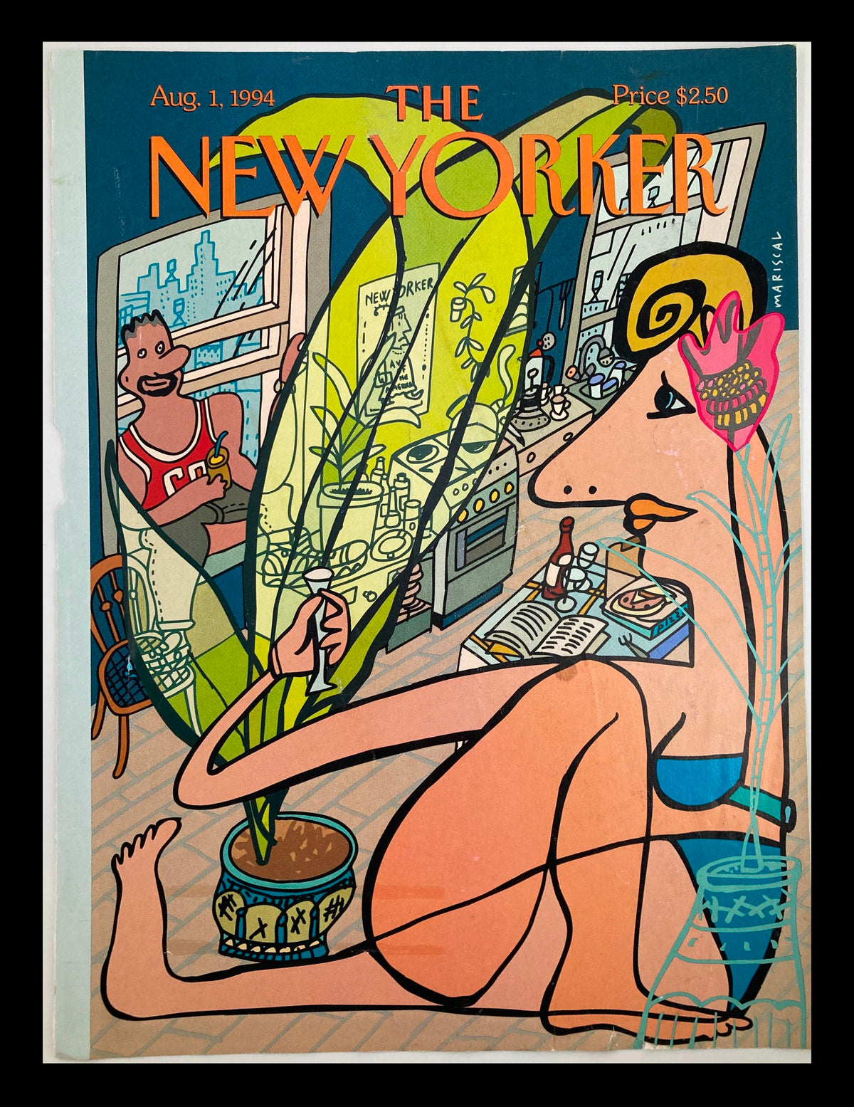 The New Yorker August 1, 1994 magazine cover titled 'Loft Life' by Javier Mariscal, featuring a vibrant illustration of a woman lounging with plants in a colorful urban setting.