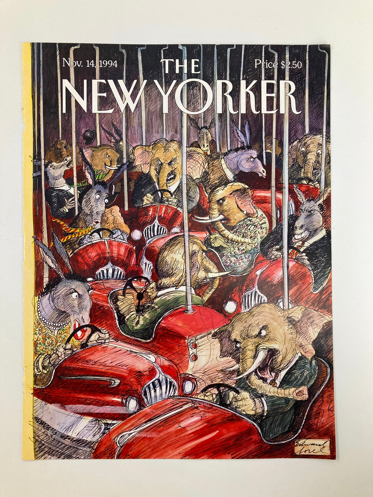 Cover of The New Yorker from November 14, 1994, featuring 'The Arena' by Edward Sorel with whimsical animals in red vintage cars.