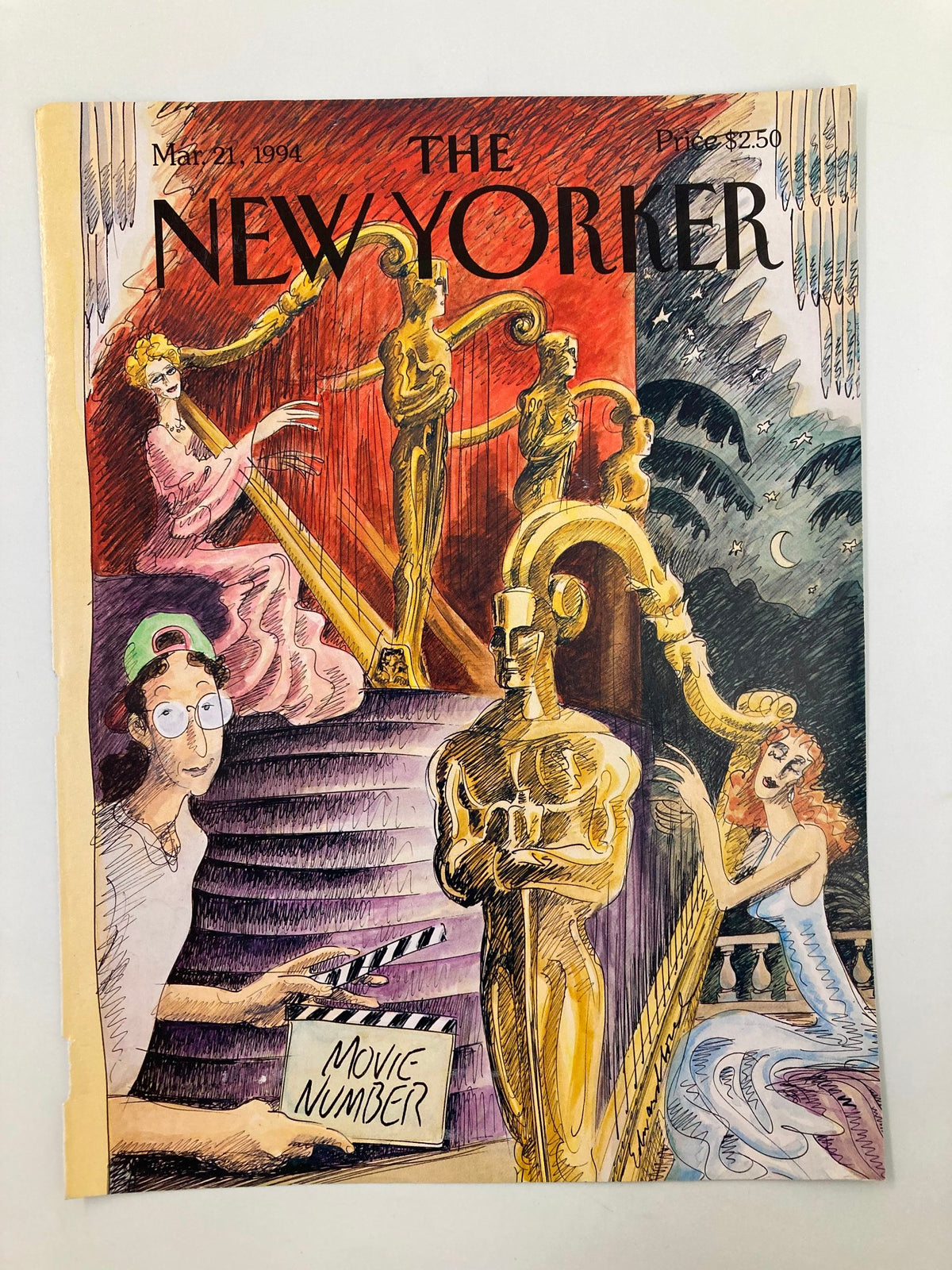 COVER ONLY The New Yorker March 21 1994 Academy Awards by Edward Sorel, showcasing a vibrant depiction of the Academy Awards with an Oscar statue and characters in elegant attire.