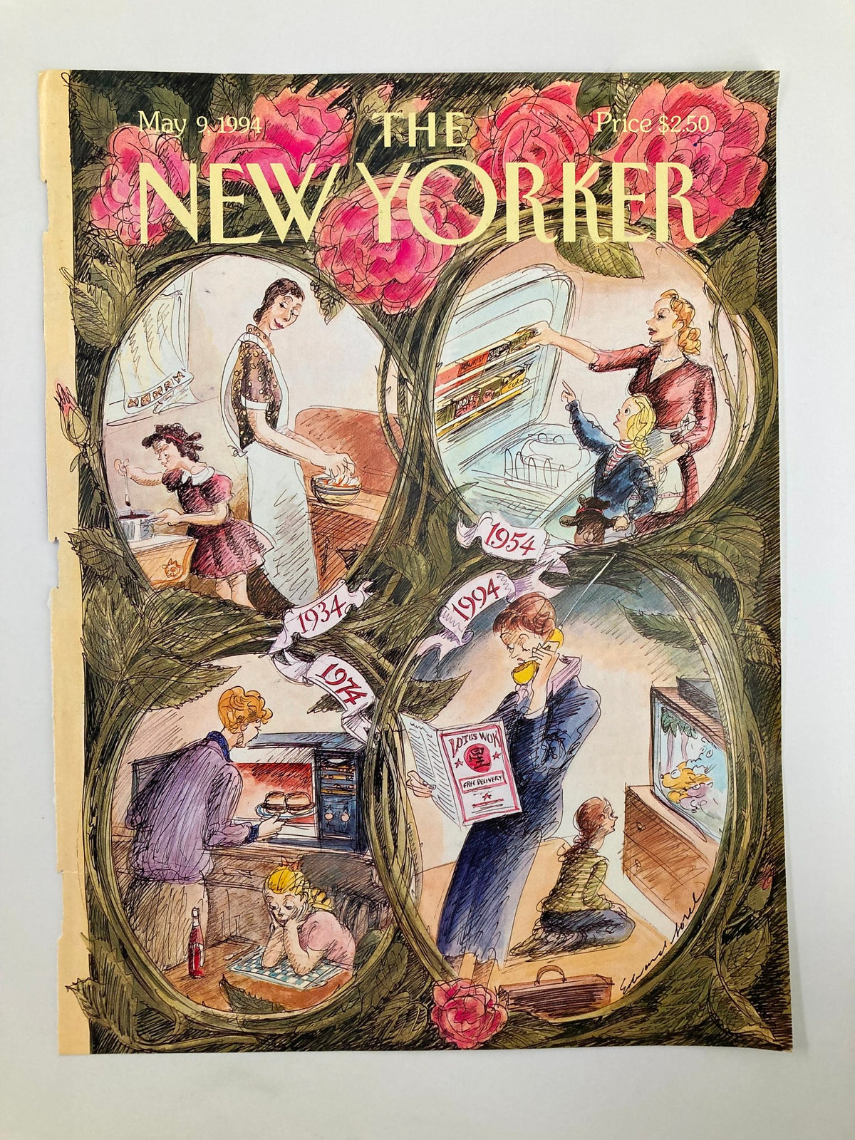 Cover of The New Yorker dated May 9, 1994, with artwork by Edward Sorel, showcasing nostalgic moments of mothers through different years.