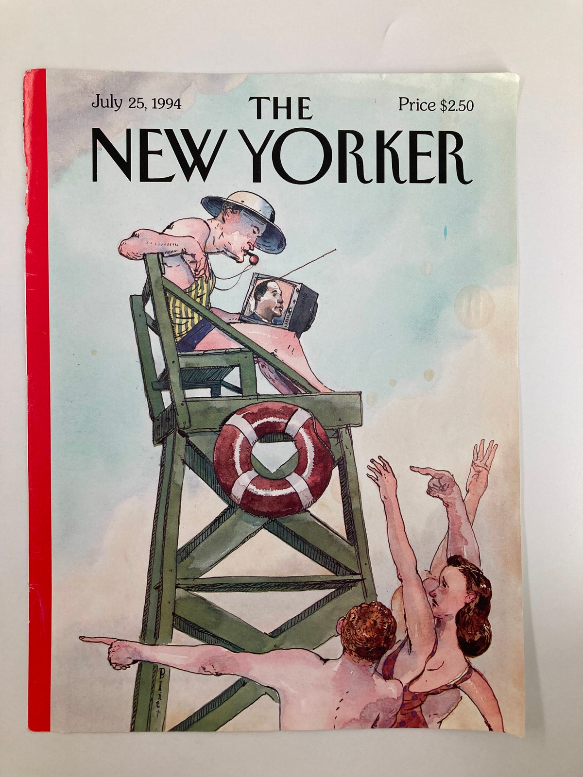 The New Yorker magazine cover from July 25, 1994, illustrating a beach scene with a lifeguard and swimmers, artwork by Barry Blitt, highlighting a vintage aesthetic.