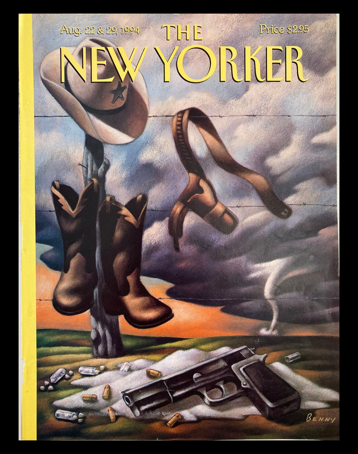 The New Yorker Cover from August 22, 1994 titled 'Riding the Storm' by Mike Benny, featuring cowboy boots, a gun, and a dramatic background, perfect for art lovers and collectors.