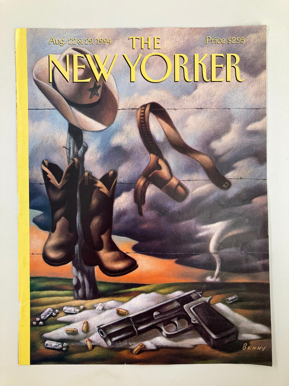 The New Yorker Cover from August 22, 1994 titled 'Riding the Storm' by Mike Benny, showcasing a hat, cowboy boots, and a gun with a vibrant and emotional backdrop.