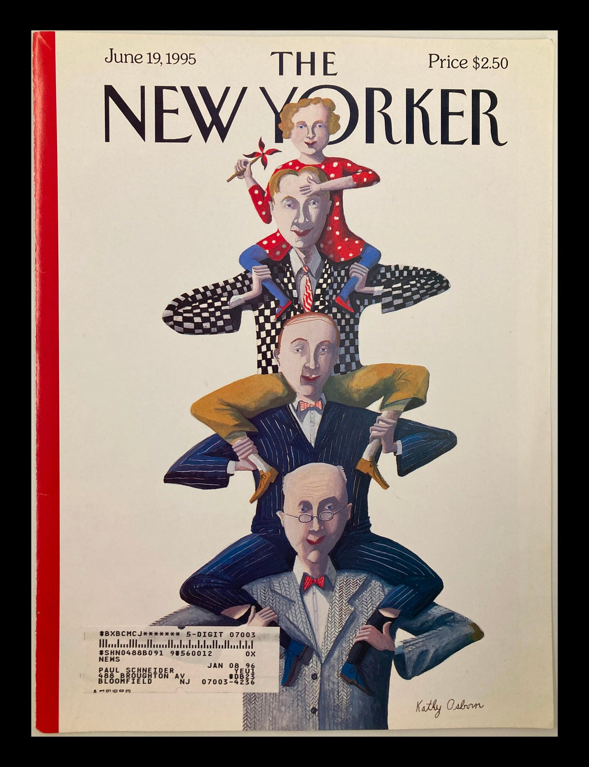 Cover of The New Yorker from June 19, 1995 featuring a Father's Day theme design by Kathy Osborn, showcasing an artistic representation of figures stacked in a playful arrangement.