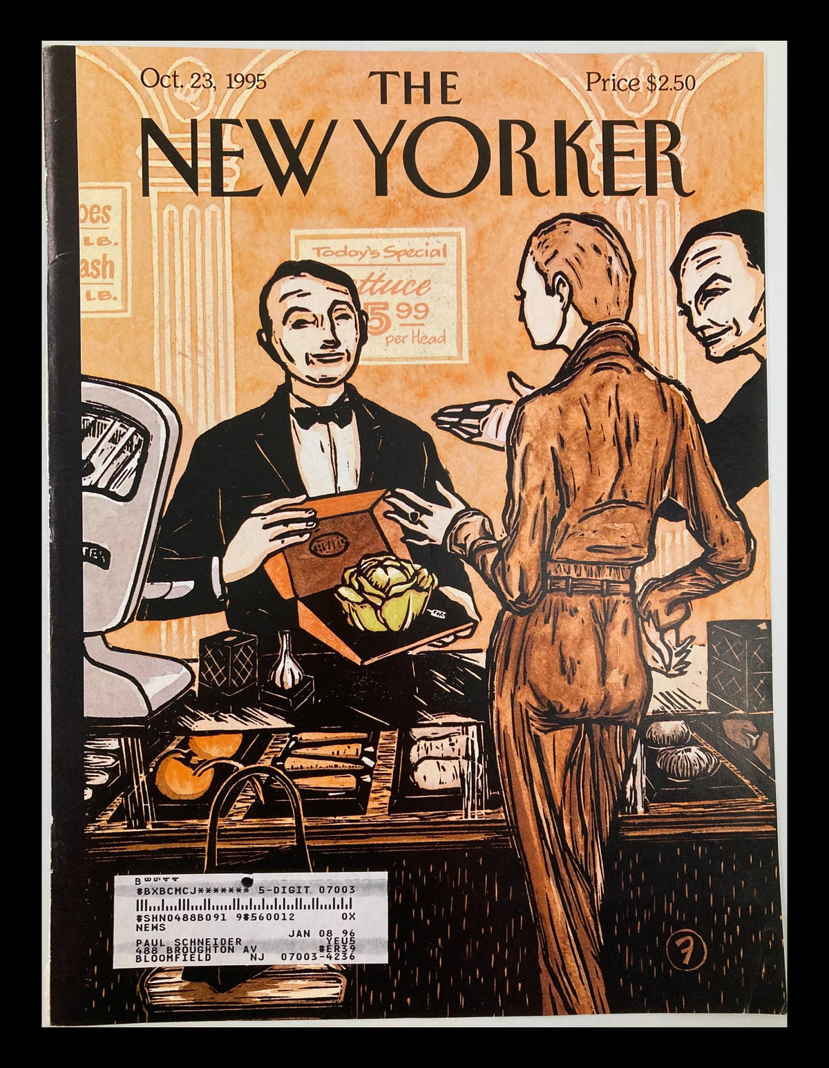 The New Yorker October 23, 1995 cover featuring 'Haute Cuisine' by Francois B. showcasing an illustration of a culinary scene with characters at a market.