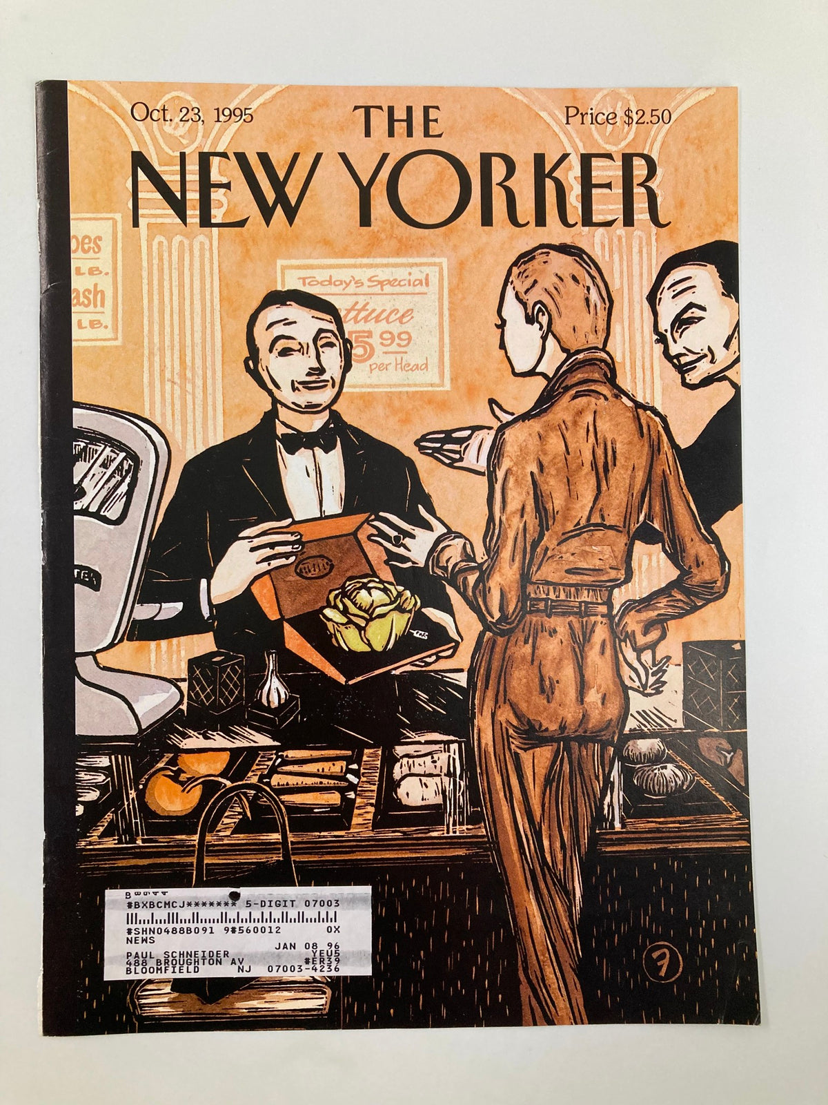 The New Yorker October 23, 1995 cover titled 'Haute Cuisine' by Francois B., depicting a conversation at a market with intricate artwork and historical context.