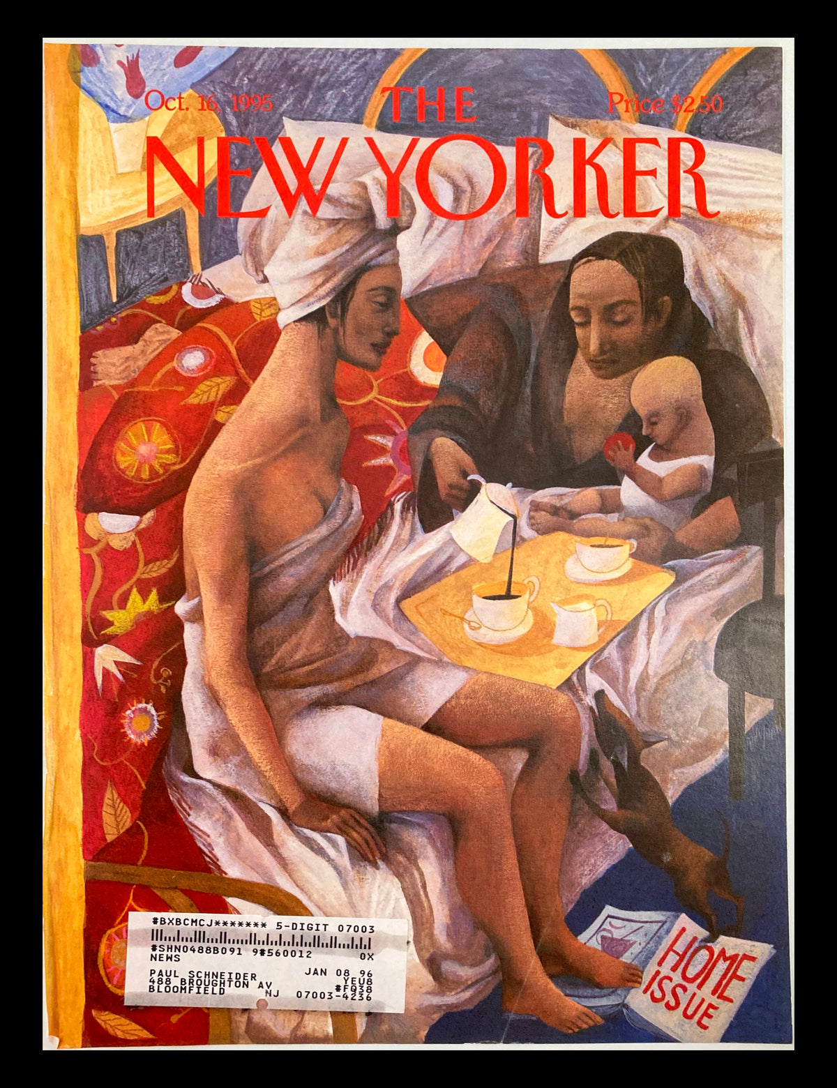 The New Yorker October 16 1995 cover titled 'Where the Heart Is' by A. Juan, featuring a mother, child, and a dog, showcasing a warm domestic scene with vibrant colors.
