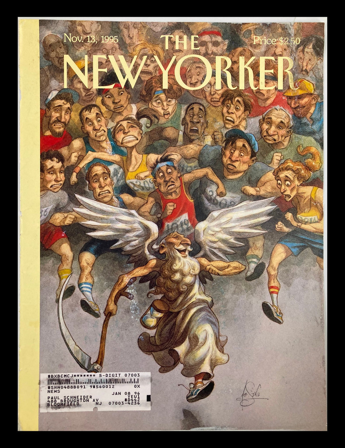 The New Yorker November 13 1995 cover titled 'Race Against Time' by Peter S, featuring an illustration of a winged figure and numerous animated characters reacting to a race, showcasing a blend of art and social commentary.