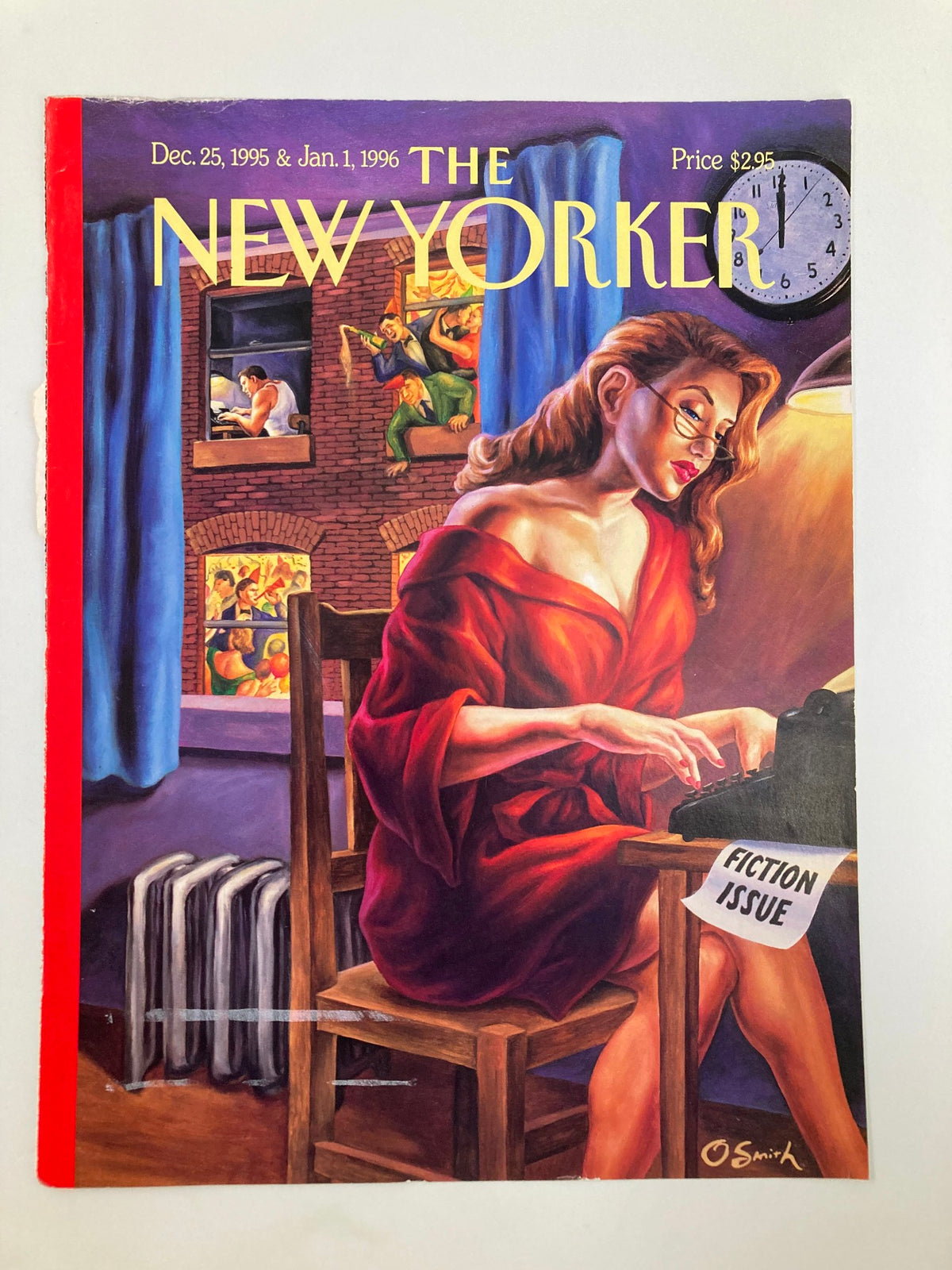 Cover of The New Yorker dated December 25, 1995, showcasing the illustration 'The Writing Life' by Owen Smith, featuring a woman in a red robe at a typewriter, with visuals of writers in the background.