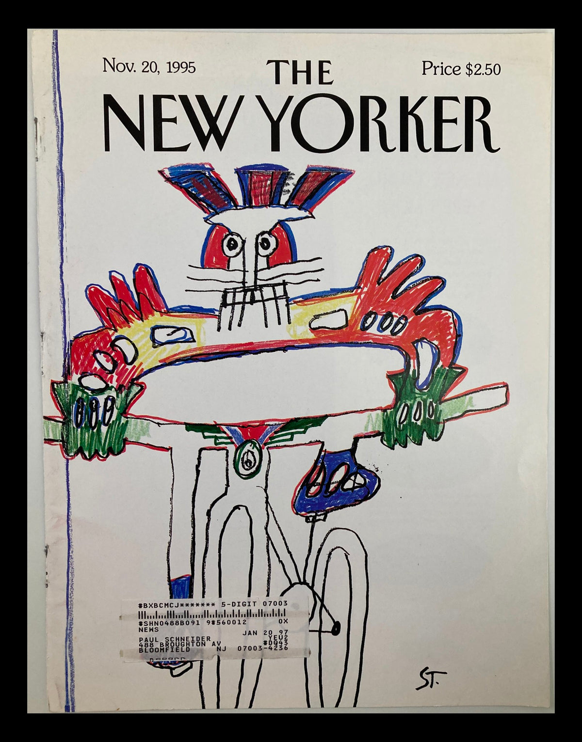 Cover of The New Yorker November 20, 1995 by Saul Steinberg featuring a colorful illustration of a bicyclist, showcasing whimsical artistic elements representative of urban life.