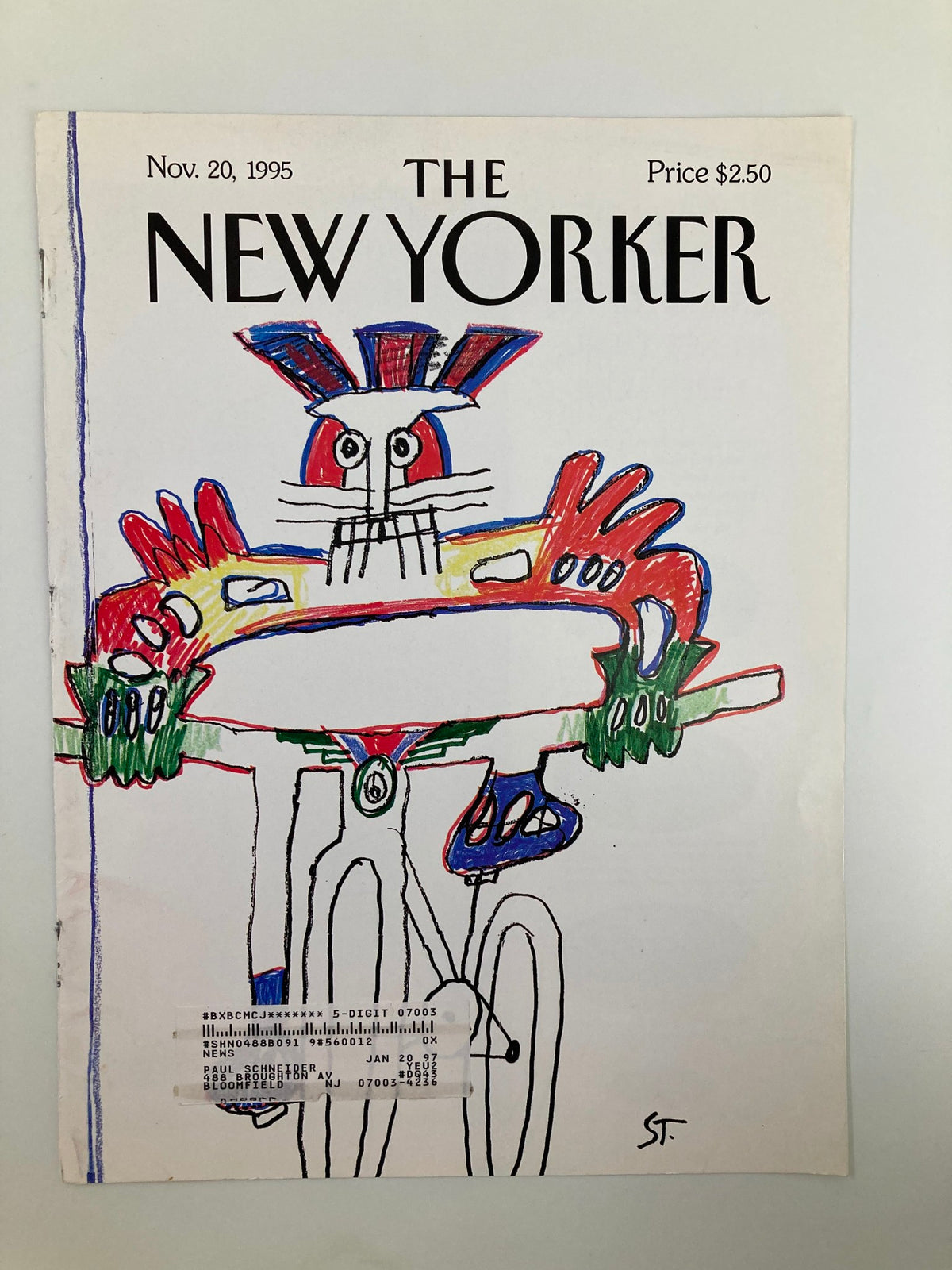 Cover of The New Yorker November 20, 1995 by Saul Steinberg depicting a vibrant and playful illustration of a bicyclist, highlighting unique artistic styles and cultural significance.
