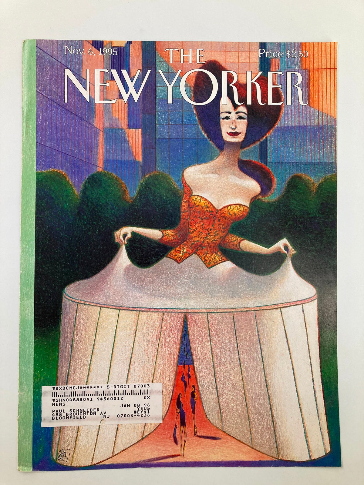 Cover only from The New Yorker dated November 6, 1995, illustrated by Lorenzo Mattotti, depicting a unique fashion show design with bold colors and artistic elements, preserved in good condition.