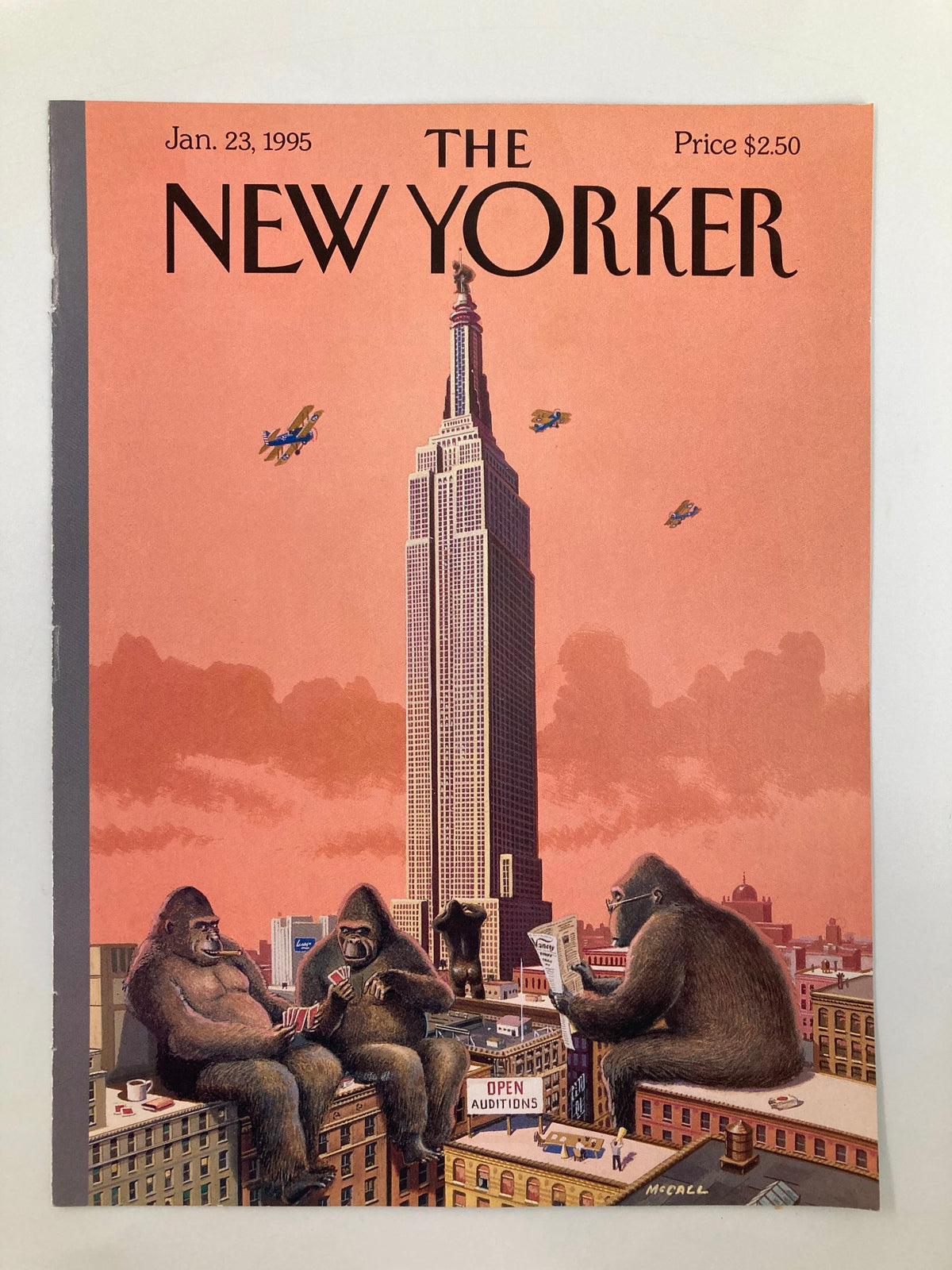 Cover of The New Yorker, January 23, 1995, showcasing a humorous depiction by Bruce McCall with gorillas relaxing on ledges and the iconic Empire State Building.