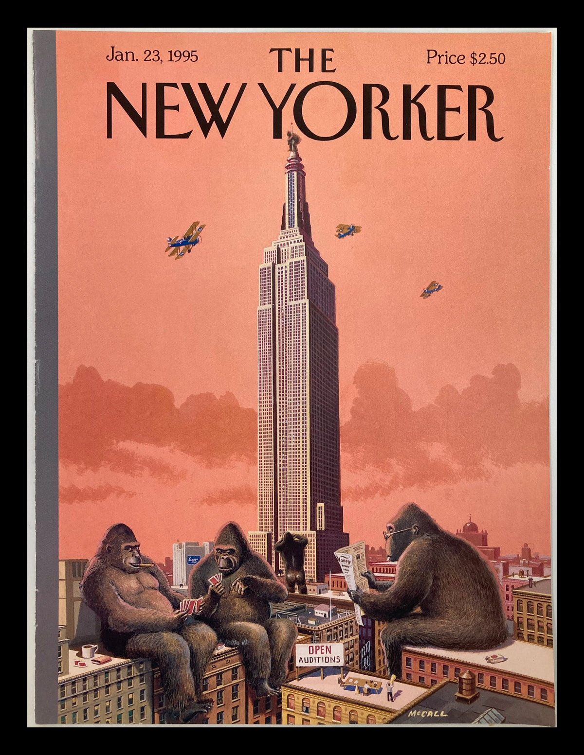 Cover of The New Yorker, January 23, 1995, featuring a whimsical illustration by Bruce McCall with gorillas on rooftops and the Empire State Building in the background.