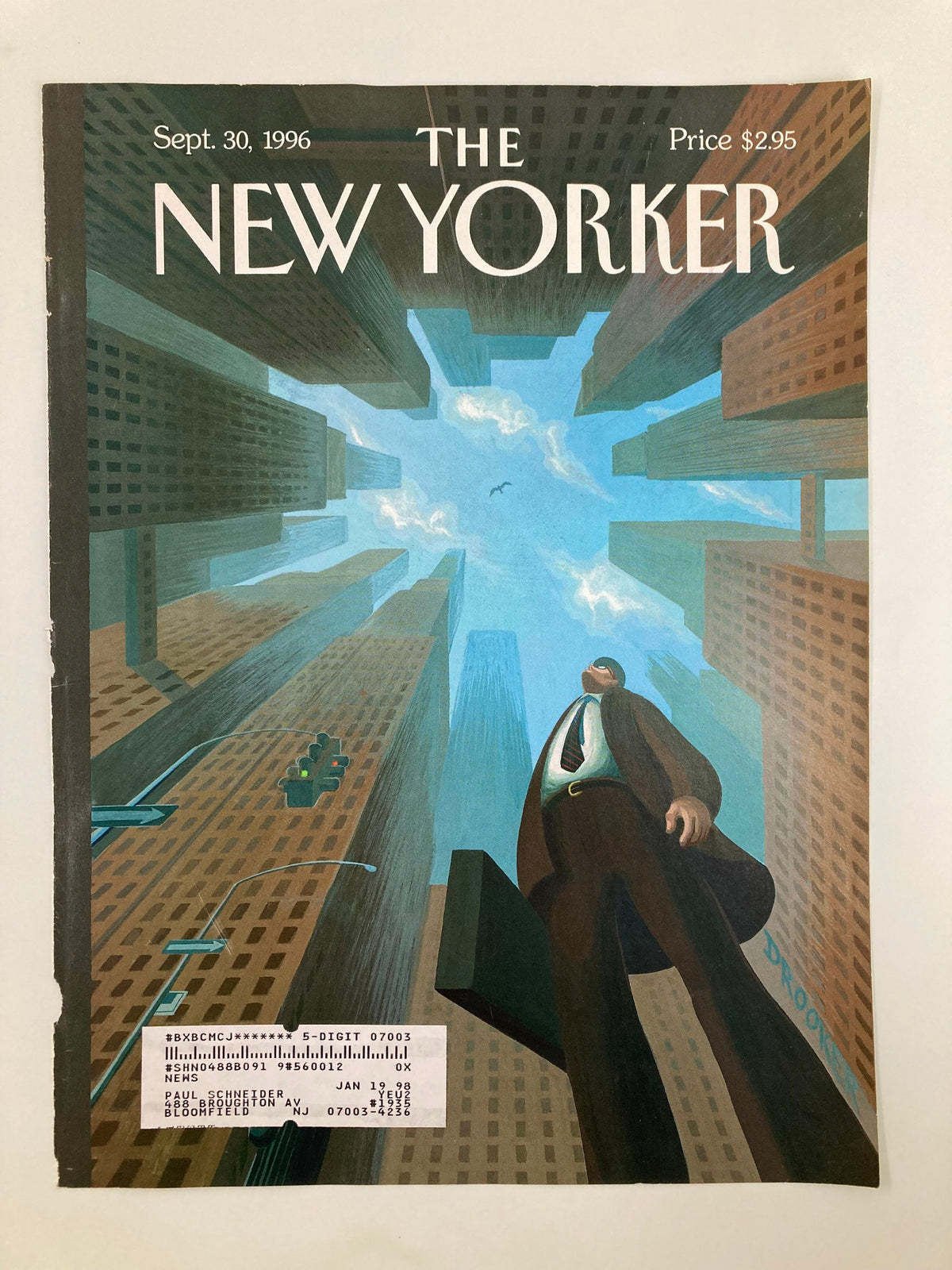 The New Yorker September 30 1996 cover titled 'Looking Up' by Eric Drooker, showcasing dramatic skyscrapers viewed from below with a blue sky above.