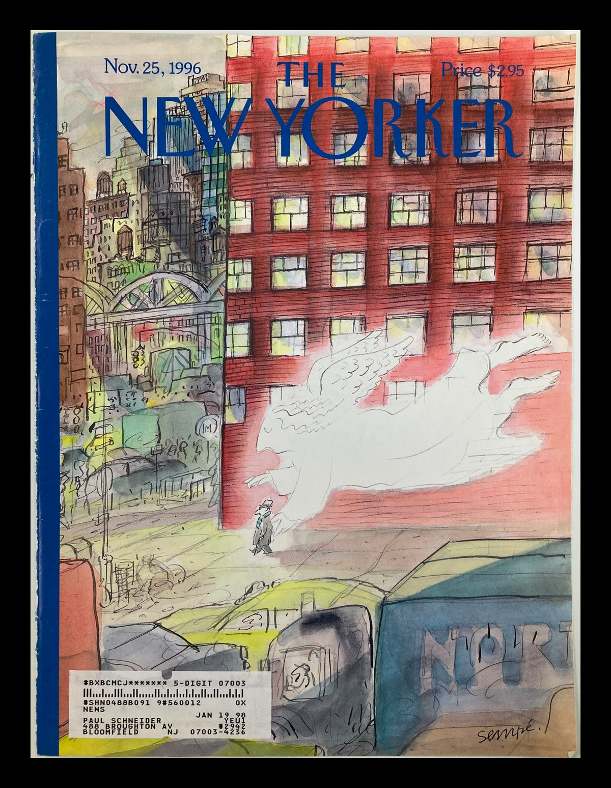 Cover of The New Yorker dated November 25, 1996, featuring the artwork 'Guardian Angel' by J.J. Sempe, showcasing a whimsical city scene with a ghostly angel figure.