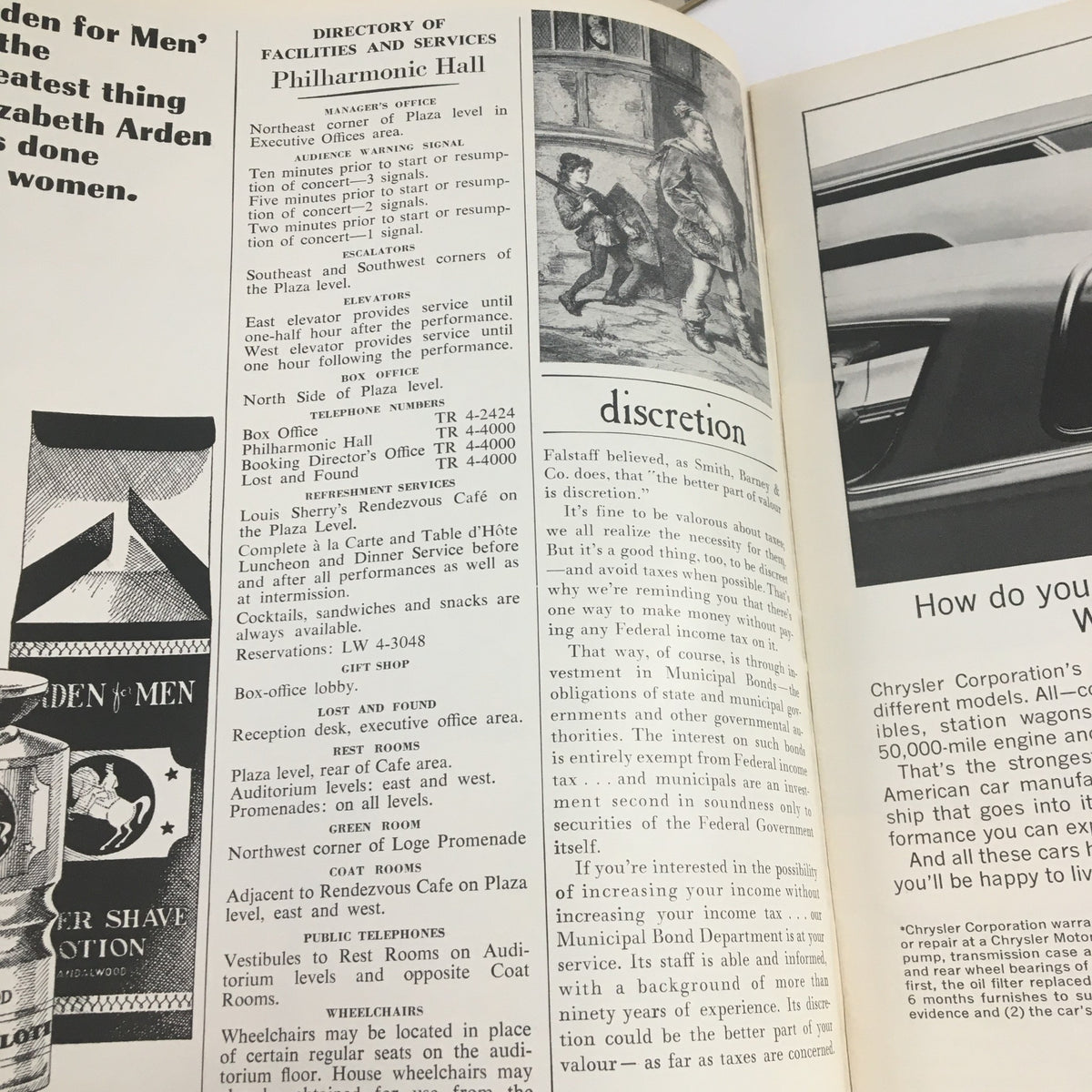 Interior page of the 1964 Philharmonic Hall Lincoln Center Present Steinberg Command Performance featuring a directory of facilities and services.