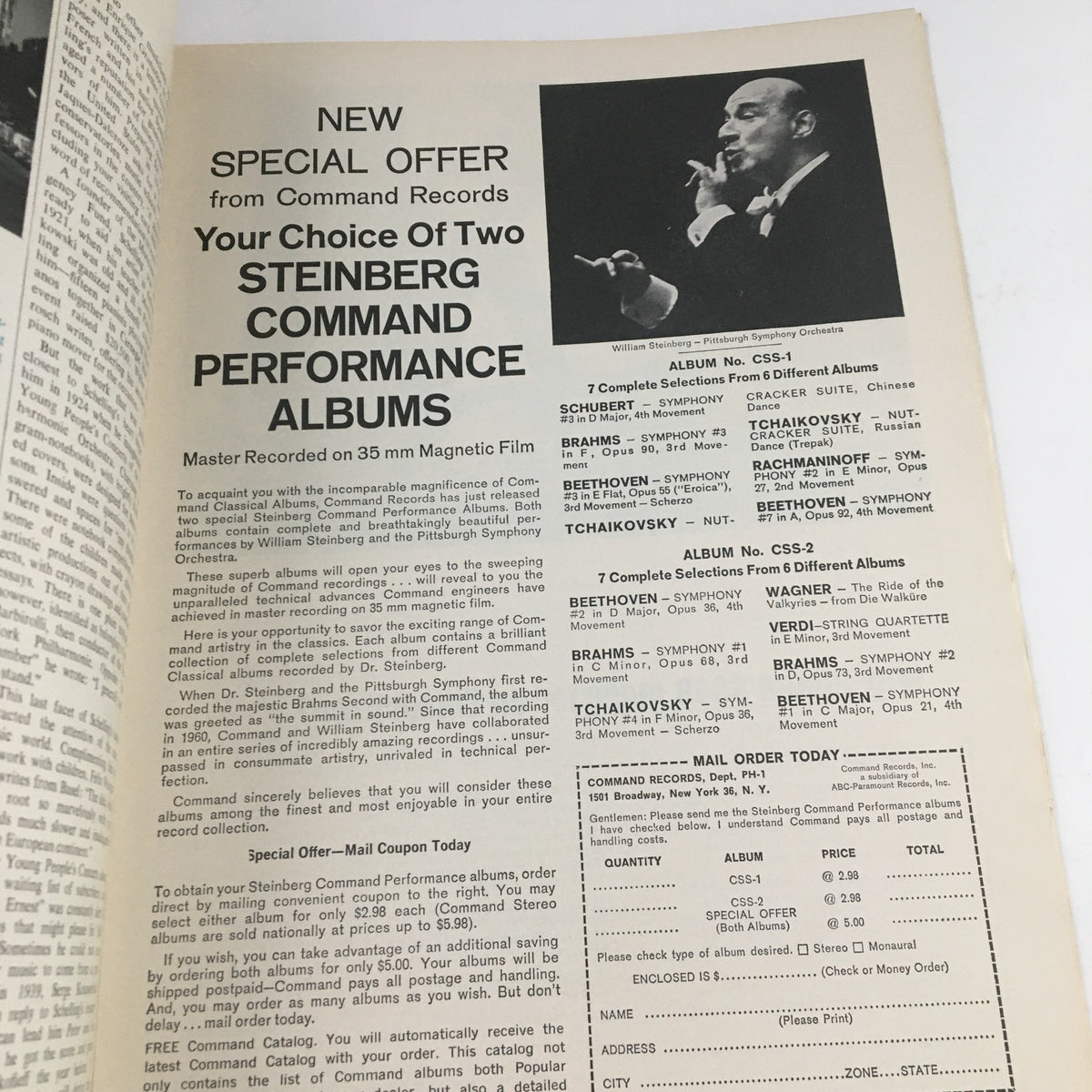 Special offer page from the 1964 Philharmonic Hall Lincoln Center Present Steinberg Command Performance detailing available albums.