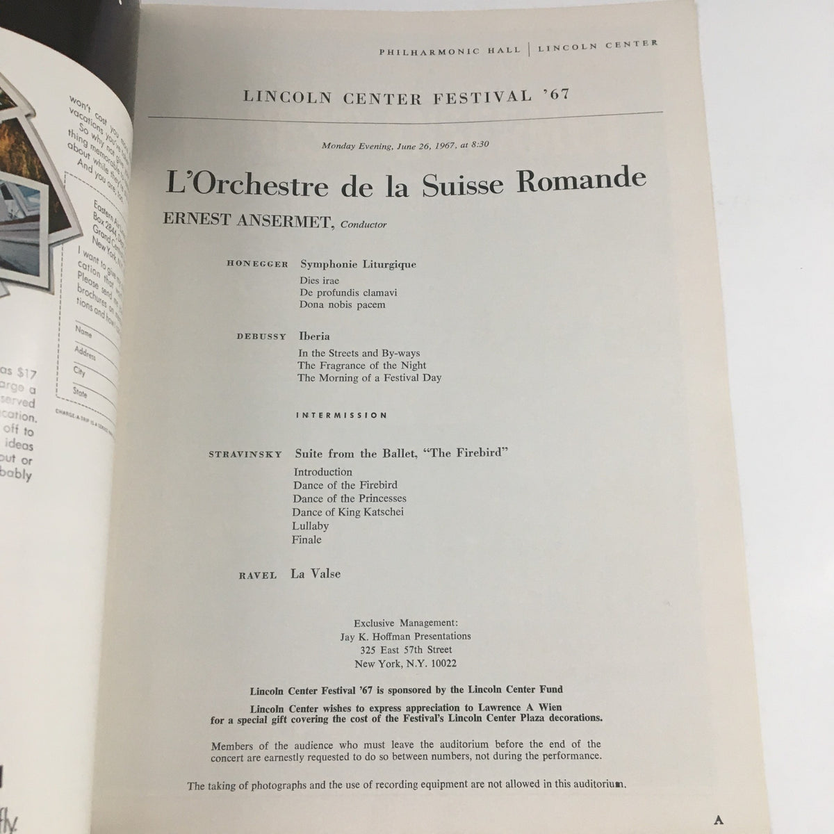 Interior page of the 1967 magazine detailing the concert program for L'Orchestre de la Suisse Romande, including pieces by Honegger, Debussy, Stravinsky, and Ravel.