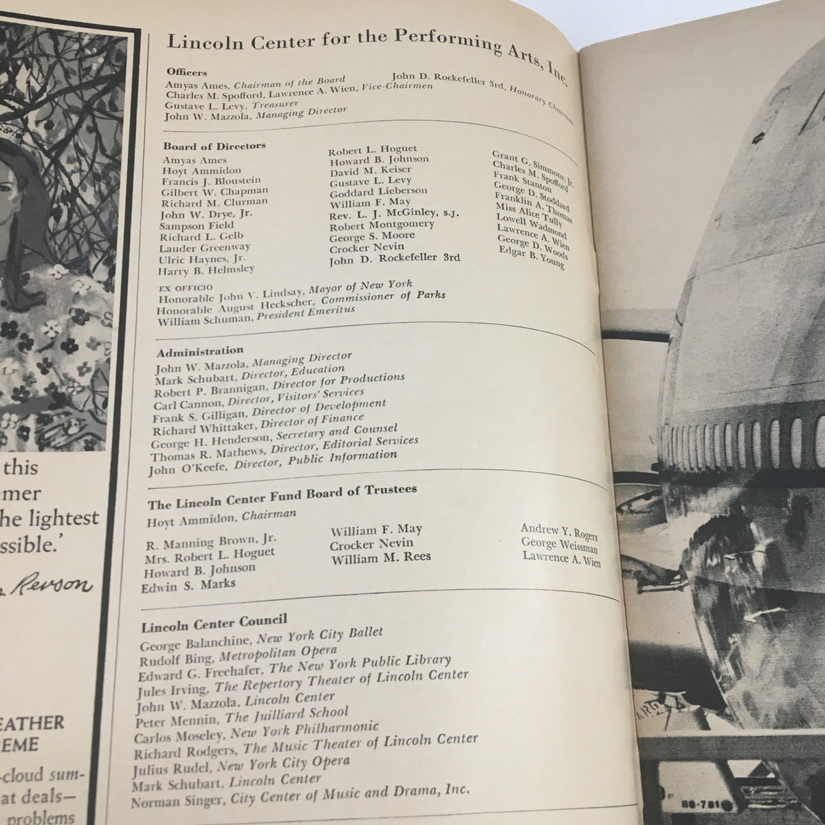 Inside page of the 1969 Metropolitan Opera Lincoln Center for the Performing Arts Festival program listing the board and administration.