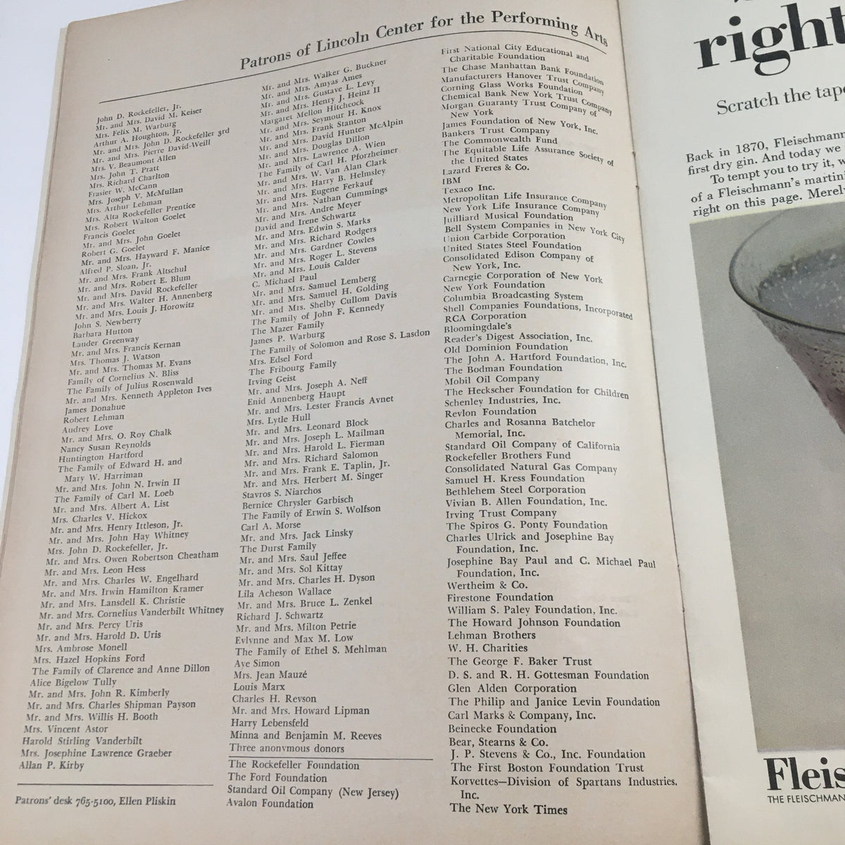Patron list for the 1969 Metropolitan Opera Lincoln Center for the Performing Arts, Inc. Festival showcasing sponsors and supporters in a historical program.