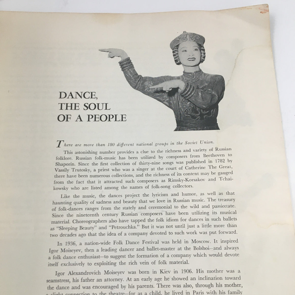 Page titled 'Dance, the Soul of a People' from 1965 S. Hurok Presents Moiseyev Dance Company from Moscow highlighting Russian folk traditions.