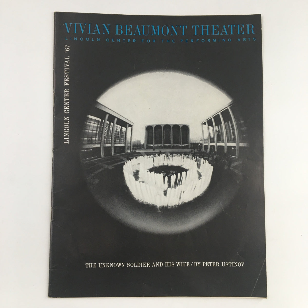 Cover of the 1967 Vivian Beaumont Theater brochure featuring Lincoln Center, showcasing a black and white photograph of a fountain with the title 'Vivian Beaumont Theater' and subtitle 'Lincoln Center for the Performing Arts'.