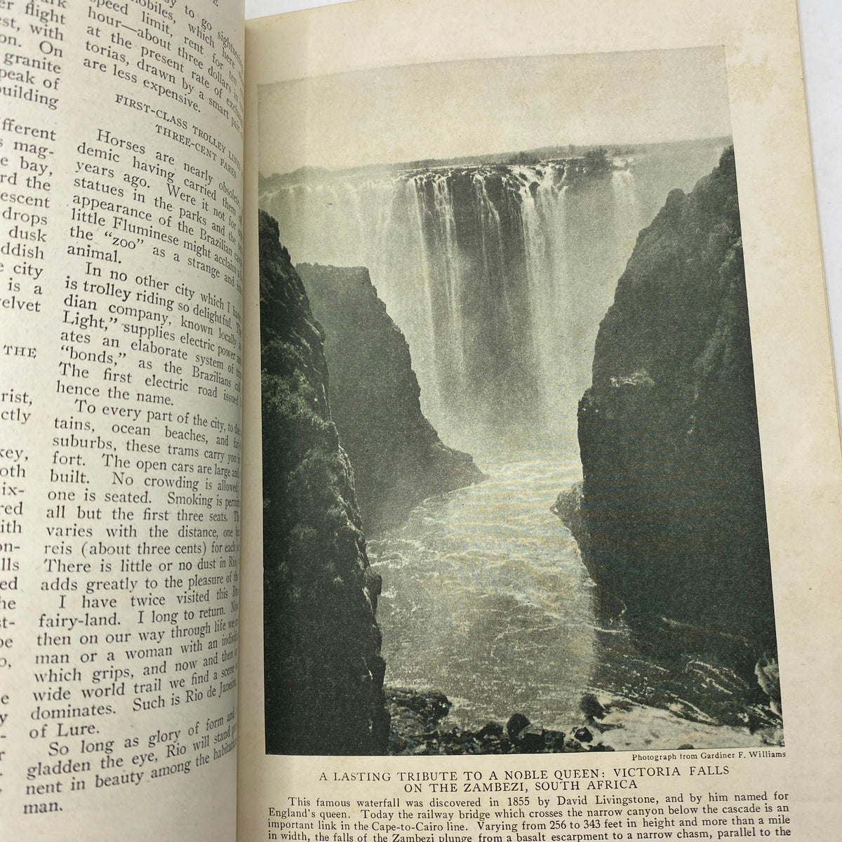 Inside page of Vintage National Geographic Magazine September 1920, featuring a stunning duotone engraving of Victoria Falls on the Zambezi River.